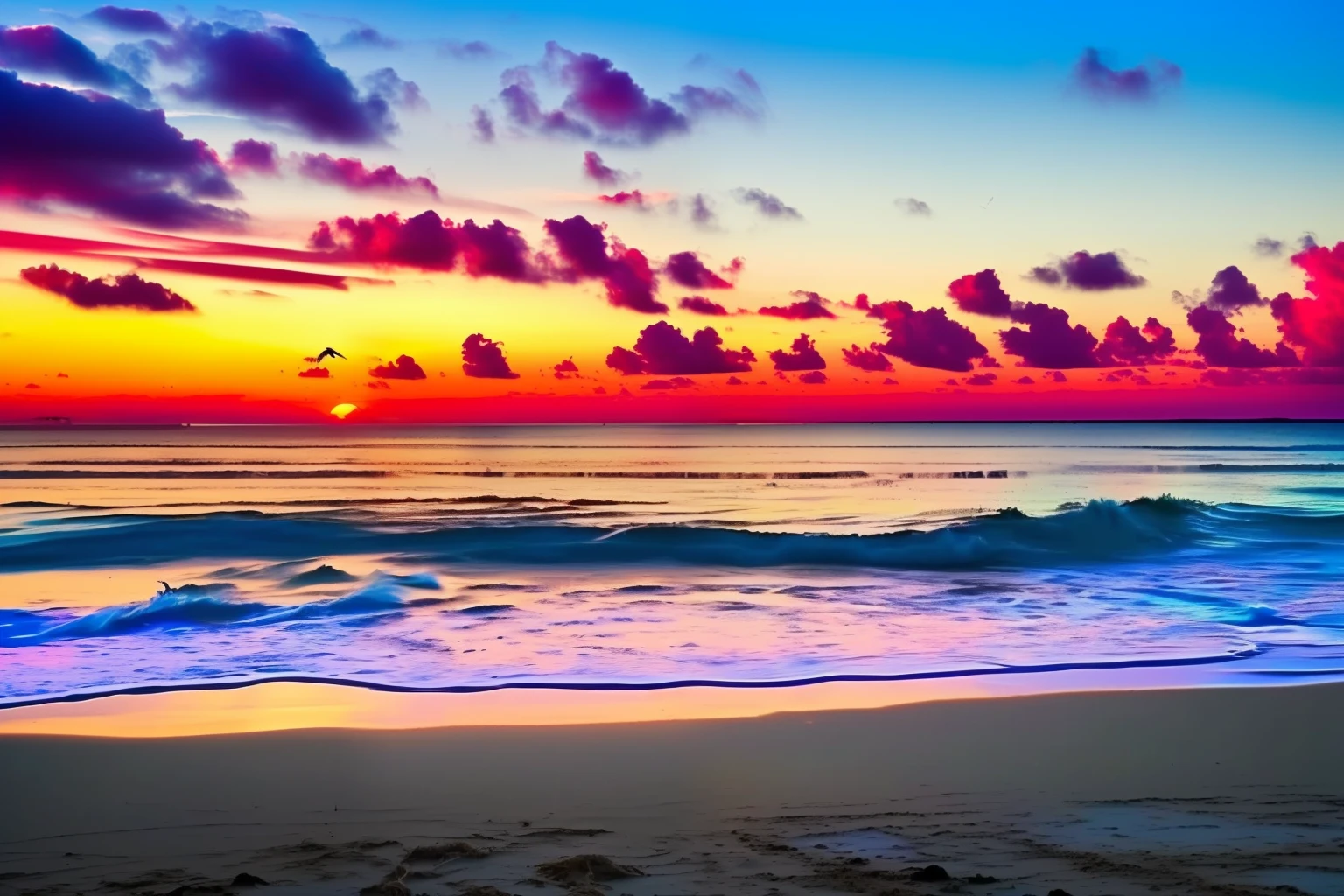 An absolutely mesmerizing sunset over the beach, with a blend of oranges, pinks, and yellows filling the sky. Crystal-clear waters of the sea gently kissing the shore, with sandy white beach stretching far and wide. The scene is dynamic and breathtaking, with seagulls soaring high in the sky and gently swaying palm trees. Take in the calming atmosphere and let the peacefulness wash over you.