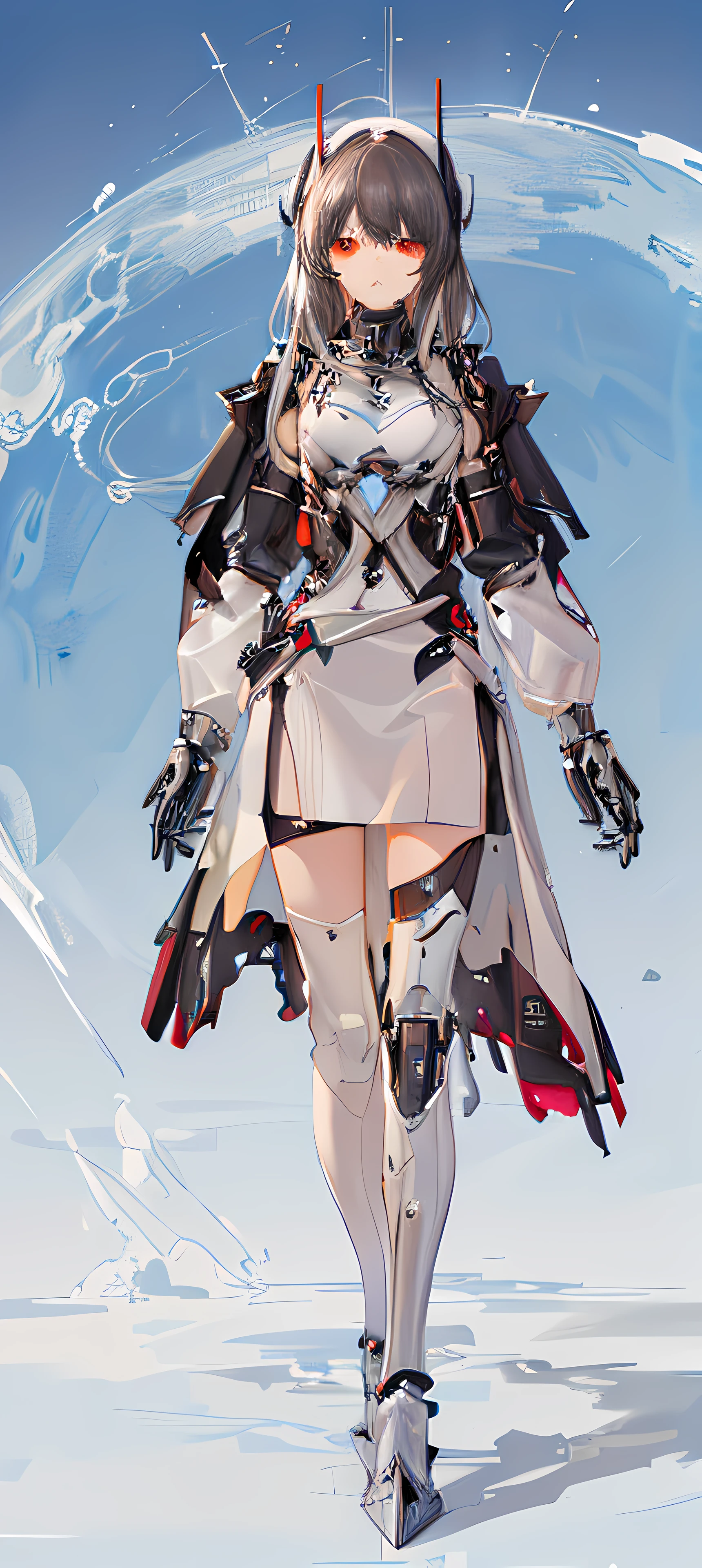 "Heavy cyborg armor, with a rugged aesthetic and futuristic design that resembles a strong mechanical exoskeleton. Dark shades, highlighted edges and details with a slight glow. Emphasize the strength and resilience of the armor, with high-quality materials and visible mechanical components. Emphasize the combination of technology and warfare, with built-in weapons and defense systems. Show the characteristics of the cyborg, such as biomechanical implants, red eyes or indicated circuits. Depict the armor in a futuristic combat environment, with destroyed buildings and smoke effects in the background."