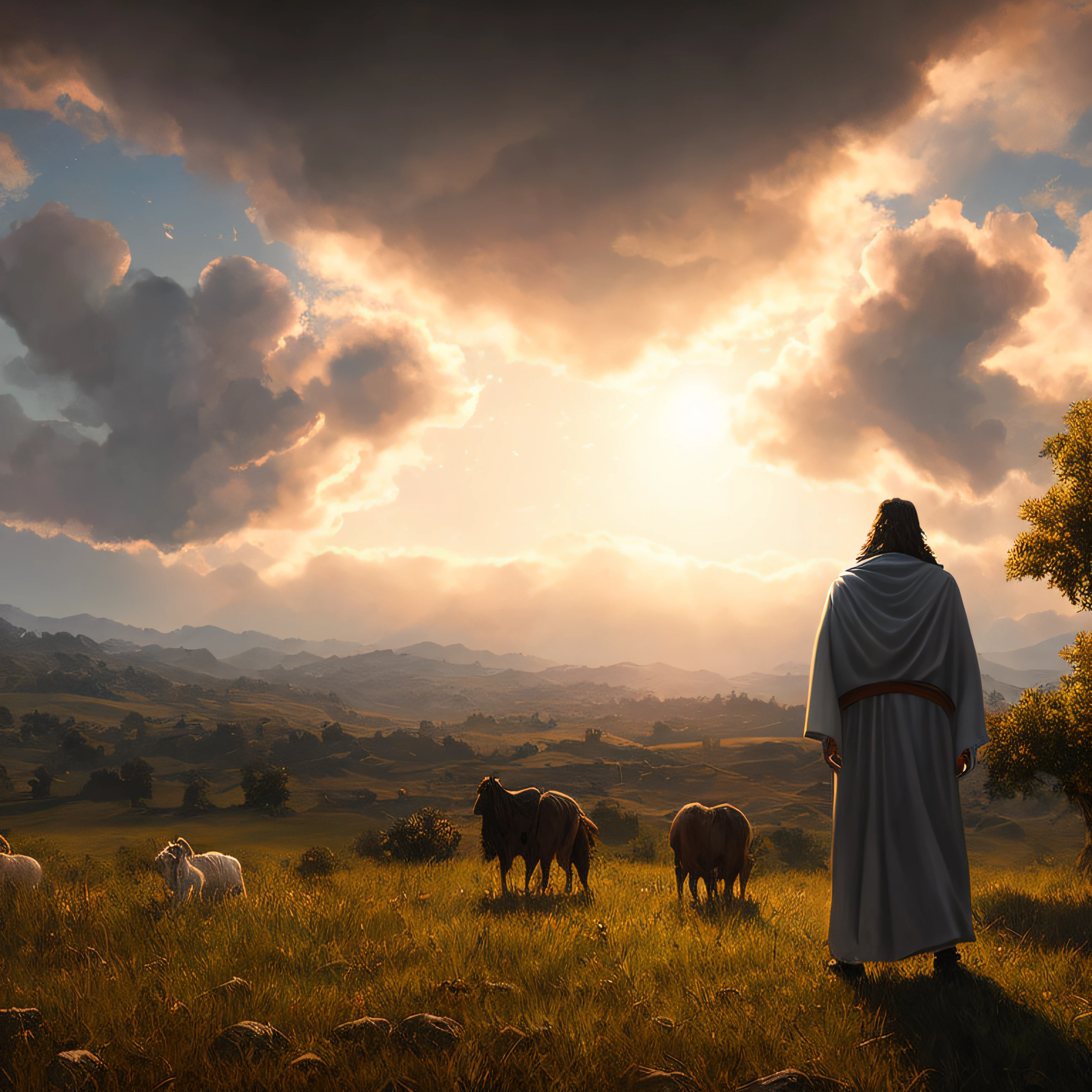 Concept art of Jesus Christ with white clothes in the clouds towards the gates of heaven, full body photo, wide photo, insanely realistic with with soft sunset lighting, with detailed skin with face muscles and skin with pores, 20 megapixels, Canon EOS R3, depth of field, soft lighting, masterpiece, best quality, intricate, tone mapped, highly detailed, artstation, smooth, sharp focus, dramatic lighting, highly detailed art, cinematic, hyper realistic painting, trend in Artstation, 8K, amazing shadows, realistic, (highly detailed background: 1.0)