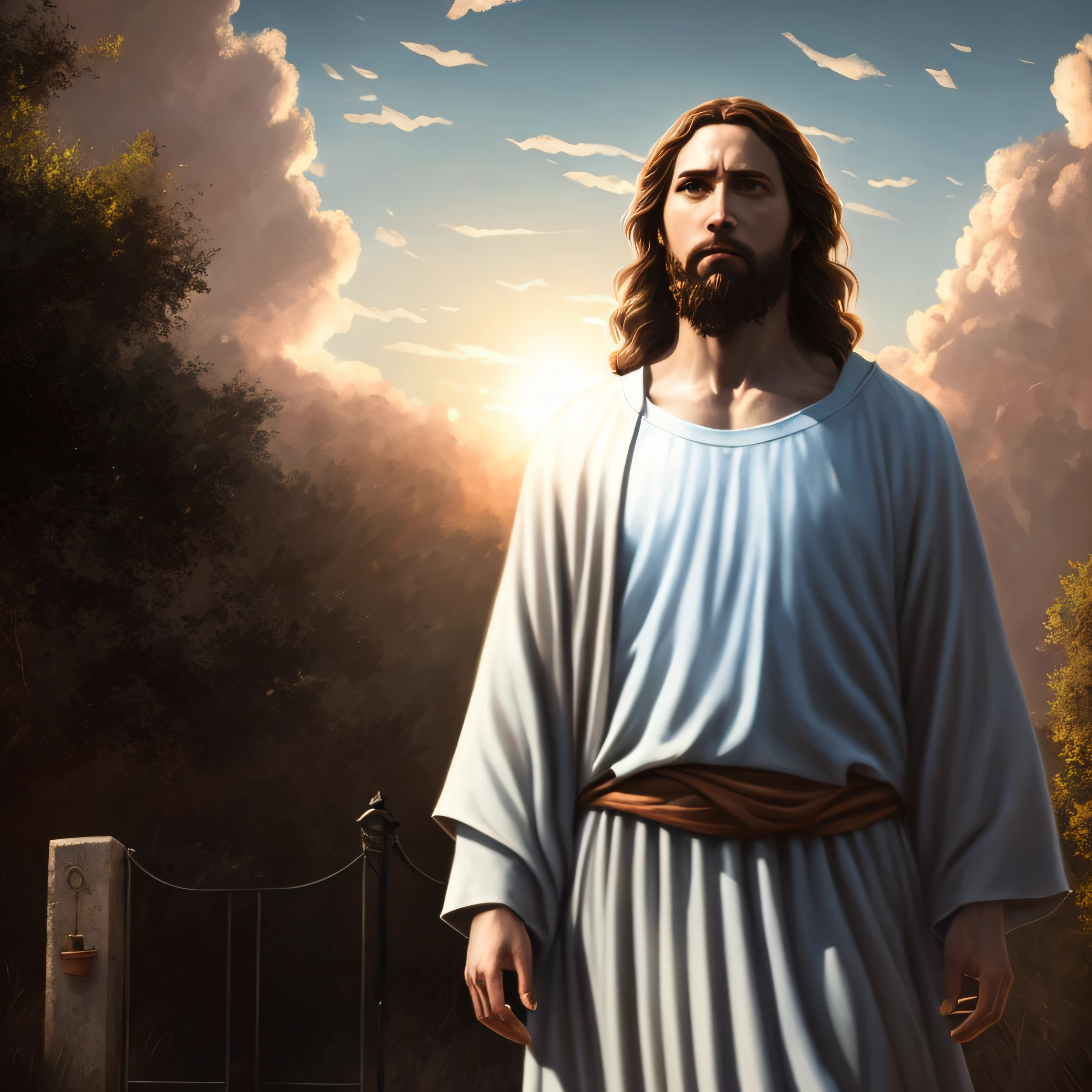 Concept art of Jesus Christ with white clothes in the clouds towards the gates of heaven, full body photo, wide photo, insanely realistic with with soft sunset lighting, with detailed skin with face muscles and skin with pores, 20 megapixels, Canon EOS R3, depth of field, soft lighting, masterpiece, best quality, intricate, tone mapped, highly detailed, artstation, smooth, sharp focus, dramatic lighting, highly detailed art, cinematic, hyper realistic painting, trend in Artstation, 8K, amazing shadows, realistic, (highly detailed background: 1.0)