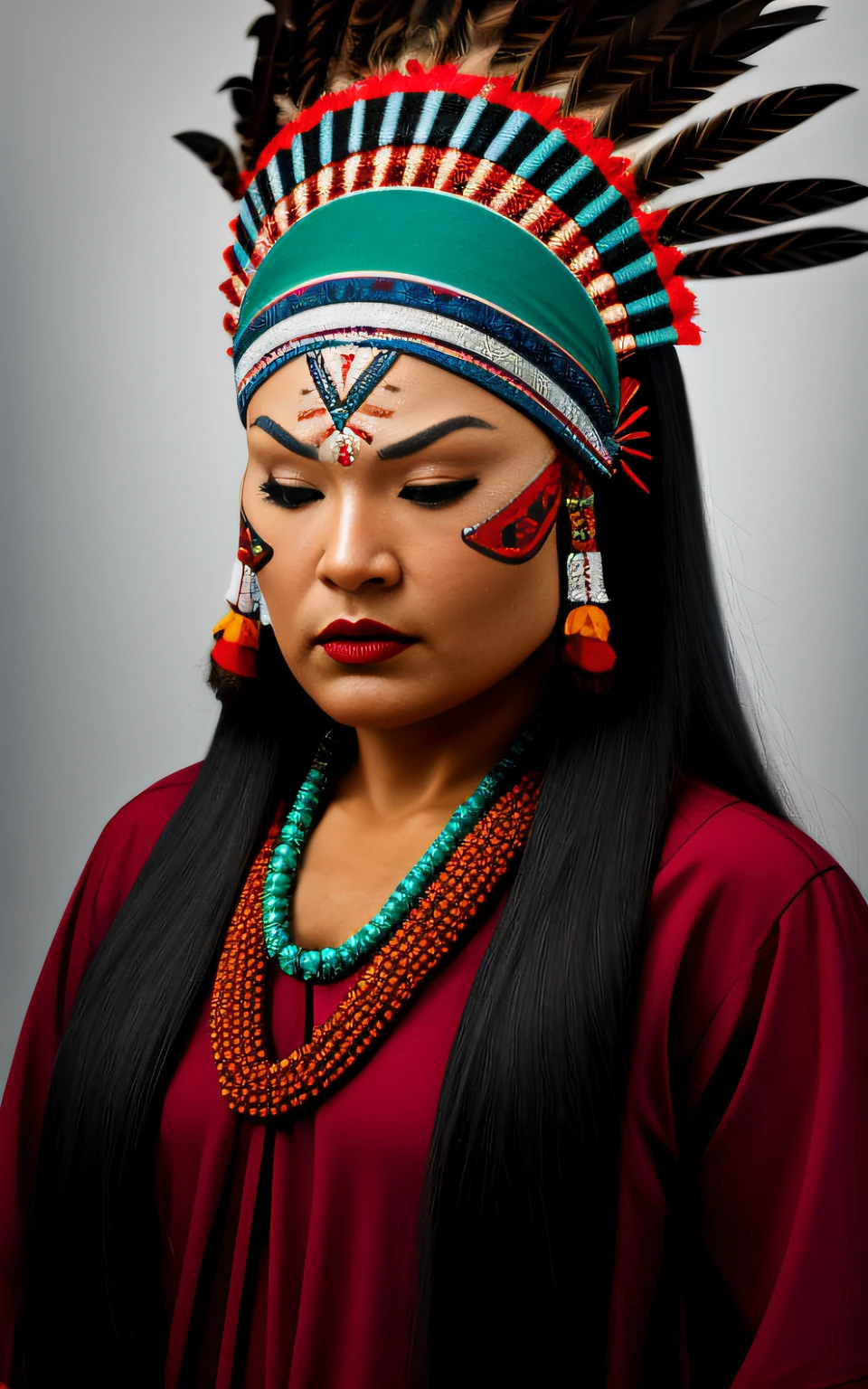 (full portrait), (half shot), solo, detailed background, detailed face, (stonepunkAI, stone theme:1.1), wise, (female), (indigena brasileira), (beautiful hair, braids:0.2), shaman, (septum piercing), mystic, (beautiful face, perfect qcd_face:0.3), stunning, (head tilted back:0.3), (eyes closed, serene expression), calm, meditating, Seafoam green worn clothes, prayer beads, tribal jewelry, feathers in the hair,  headdress: 0.33, jade, obsidian, detailed clothing, neckline, realistic skin texture, (floating particles, water swirl, embers, ritual, whirlpool, wind: 1.2), sharp focus, volumetric lighting, good highlights, good shading, subsurface scattering, intricate, highly detailed, ((cinematic)), dramatic, (highest quality, award-winning, masterpiece:1.5), (photorealistic: 1.5), (intricate symmetrical warpaint:0.6),