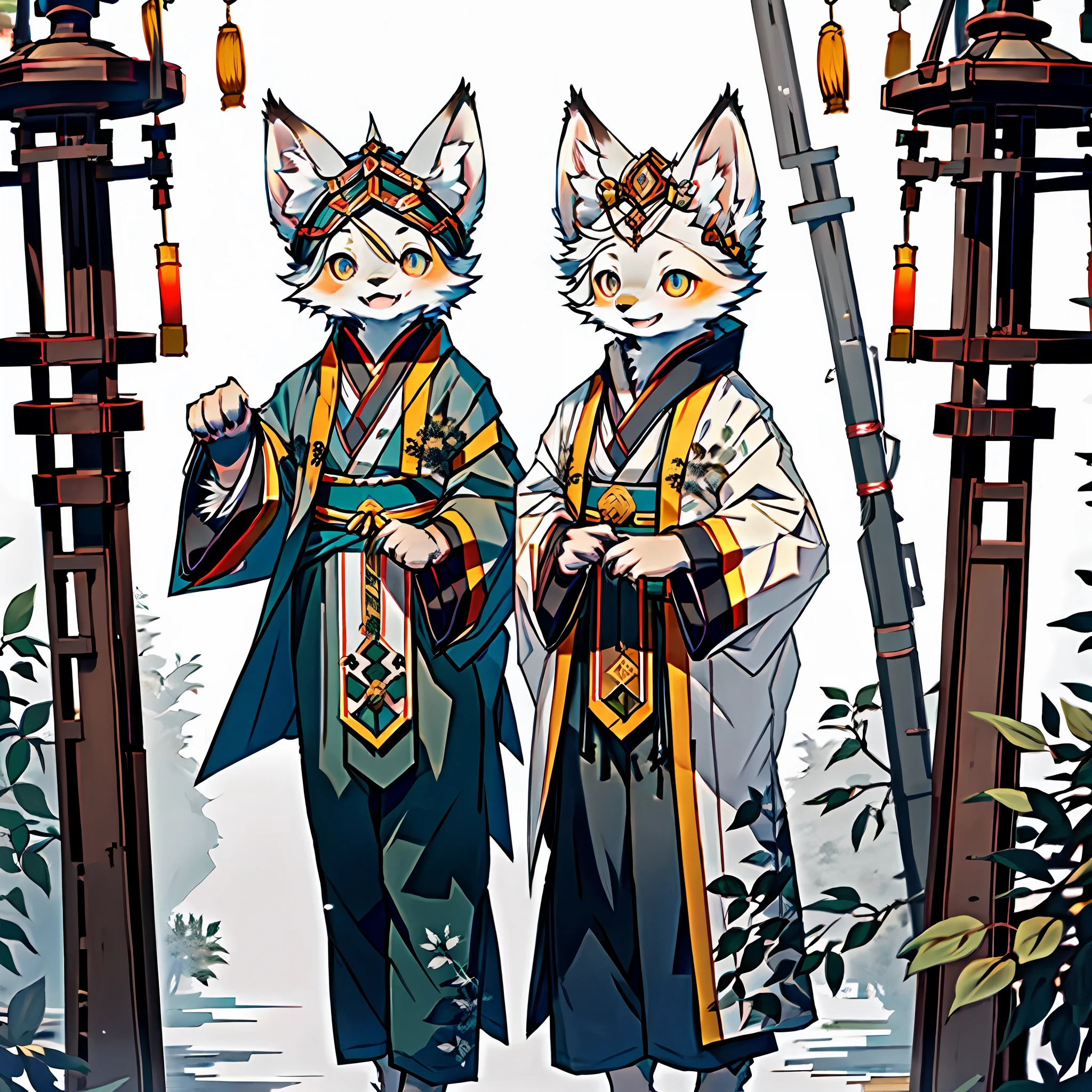 Masterpiece, high detail, super high quality, high resolution, 1080P, ((single)), furry, (female arctic fox: 1.5), (gray fur: 1.5), (gray skin: 1.5)), gray ears, (golden eyes: 1.5), (gray paws)), canine paws, detailed figures, (furry feeling of animal ears), sharp focus, standing in a Chinese style courtyard, wearing traditional Chinese robes, wearing traditional Chinese pants, light smile, natural lighting, detailed background with obvious lines