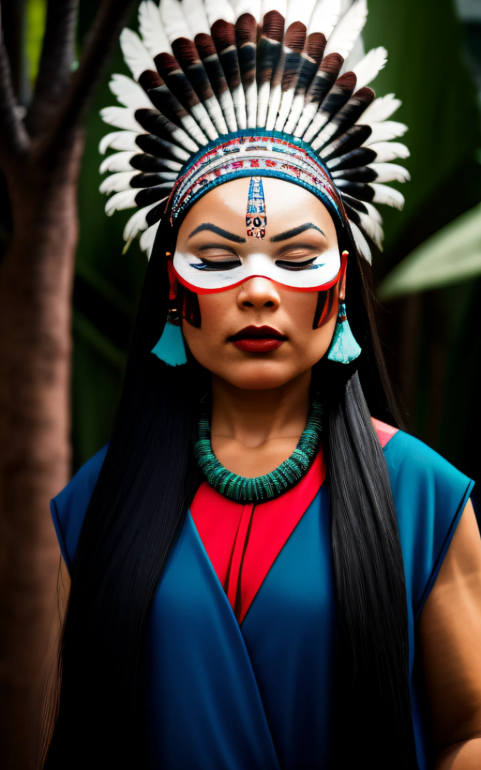 (full portrait), (half shot), solo, detailed background, detailed face, (stonepunkAI, stone theme:1.1), wise, (female), (indigena brasileira), (beautiful hair, braids:0.2), shaman, (septum piercing), mystic, (beautiful face, perfect qcd_face:0.3), stunning, (head tilted back:0.3), (eyes closed, serene expression), calm, meditating, Seafoam green worn clothes, prayer beads, tribal jewelry, feathers in the hair,  headdress: 0.33, jade, obsidian, detailed clothing, neckline, realistic skin texture, (floating particles, water swirl, embers, ritual, whirlpool, wind: 1.2), sharp focus, volumetric lighting, good highlights, good shading, subsurface scattering, intricate, highly detailed, ((cinematic)), dramatic, (highest quality, award-winning, masterpiece:1.5), (photorealistic: 1.5), (intricate symmetrical warpaint:0.6),