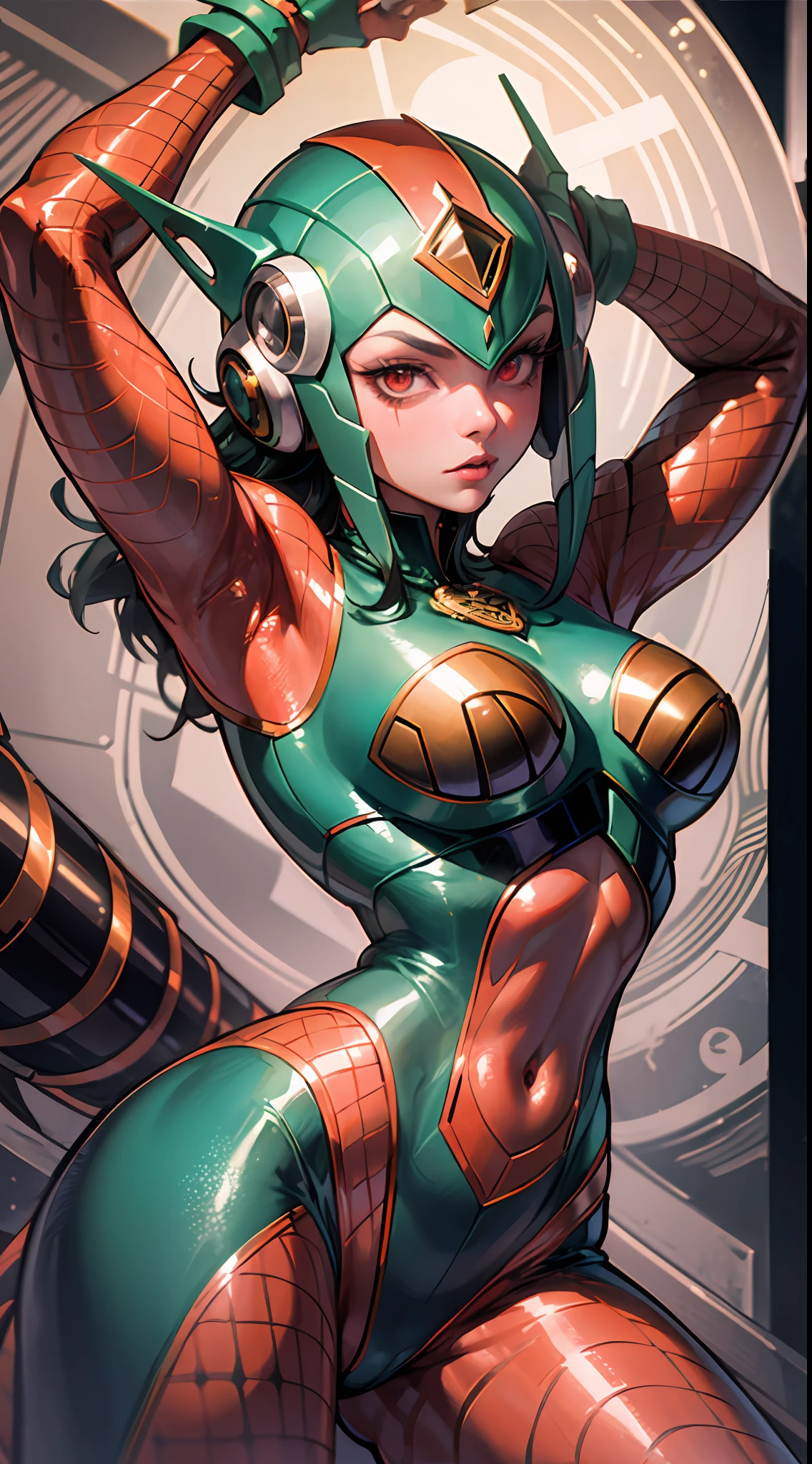 Cartoon photo of woman in green and red costume, hot insect humanoid woman, Guyver style, SFW version, red eye, scarab reploid, bellows tail, cel shade adult animation, alien queen, serpentine pose,