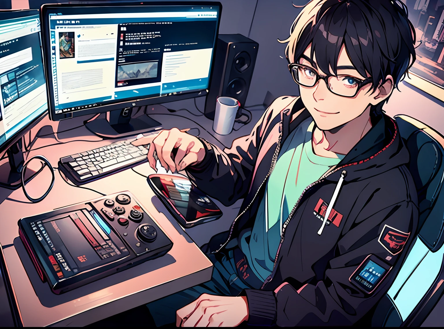 man with glasses, phone, room, gamer, neo, smile