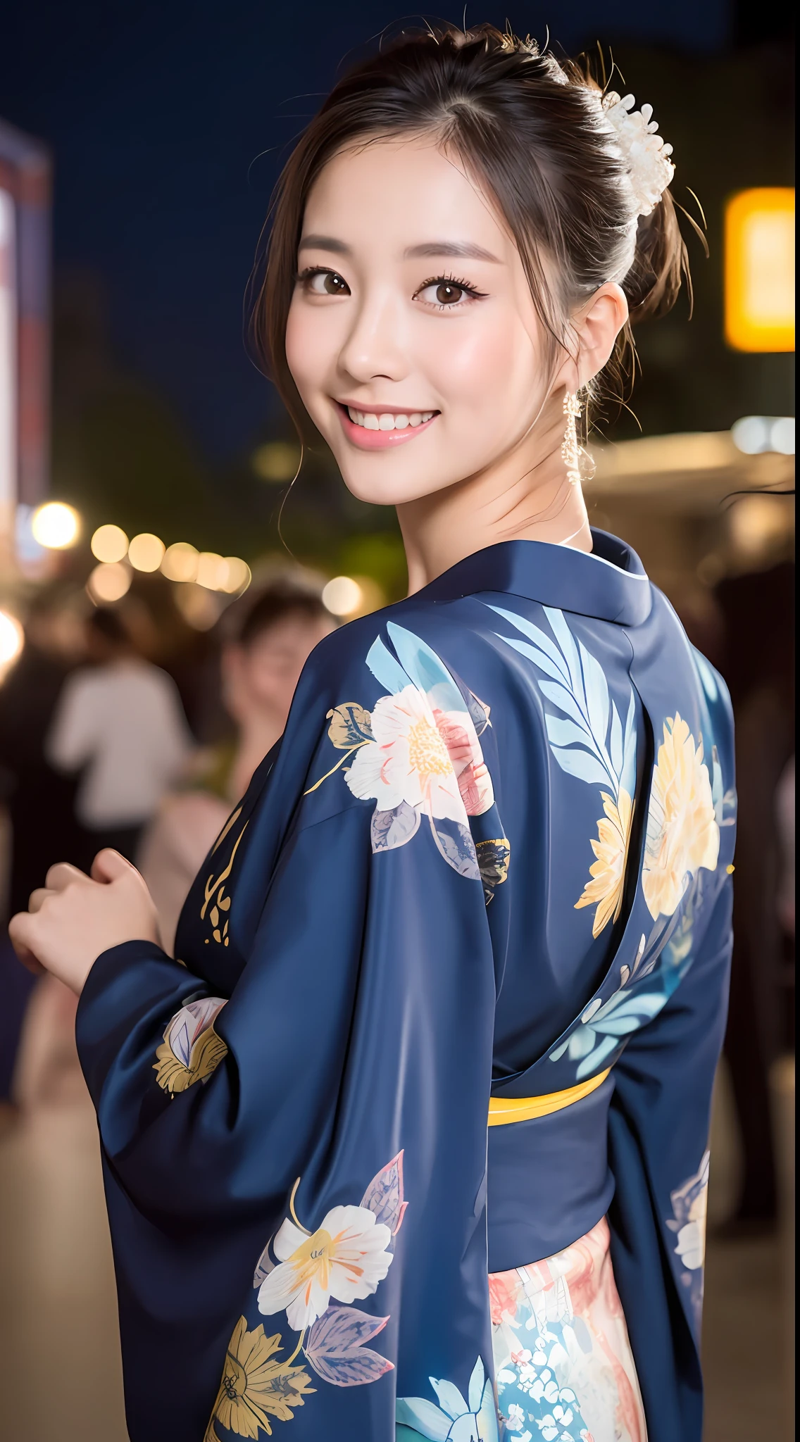 ((top quality, 8k, masterpiece: 1.3)), 1 girl, smile, slim face, pretty woman 30 years old, (all back hair), Japan kimono: 1.4, ultra detailed face, big, detailed eyes, double eyelids, blurred background, slim face, night, Japan summer festival,