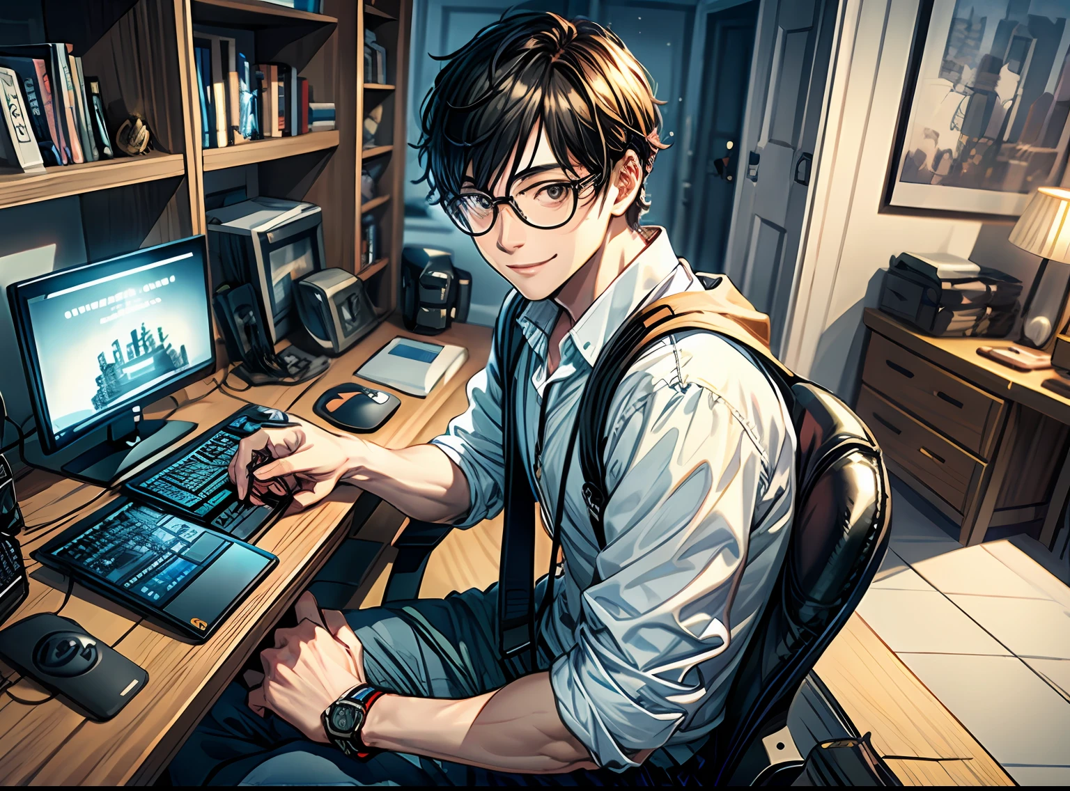 man with glasses, phone, room, gamer, neo, smile