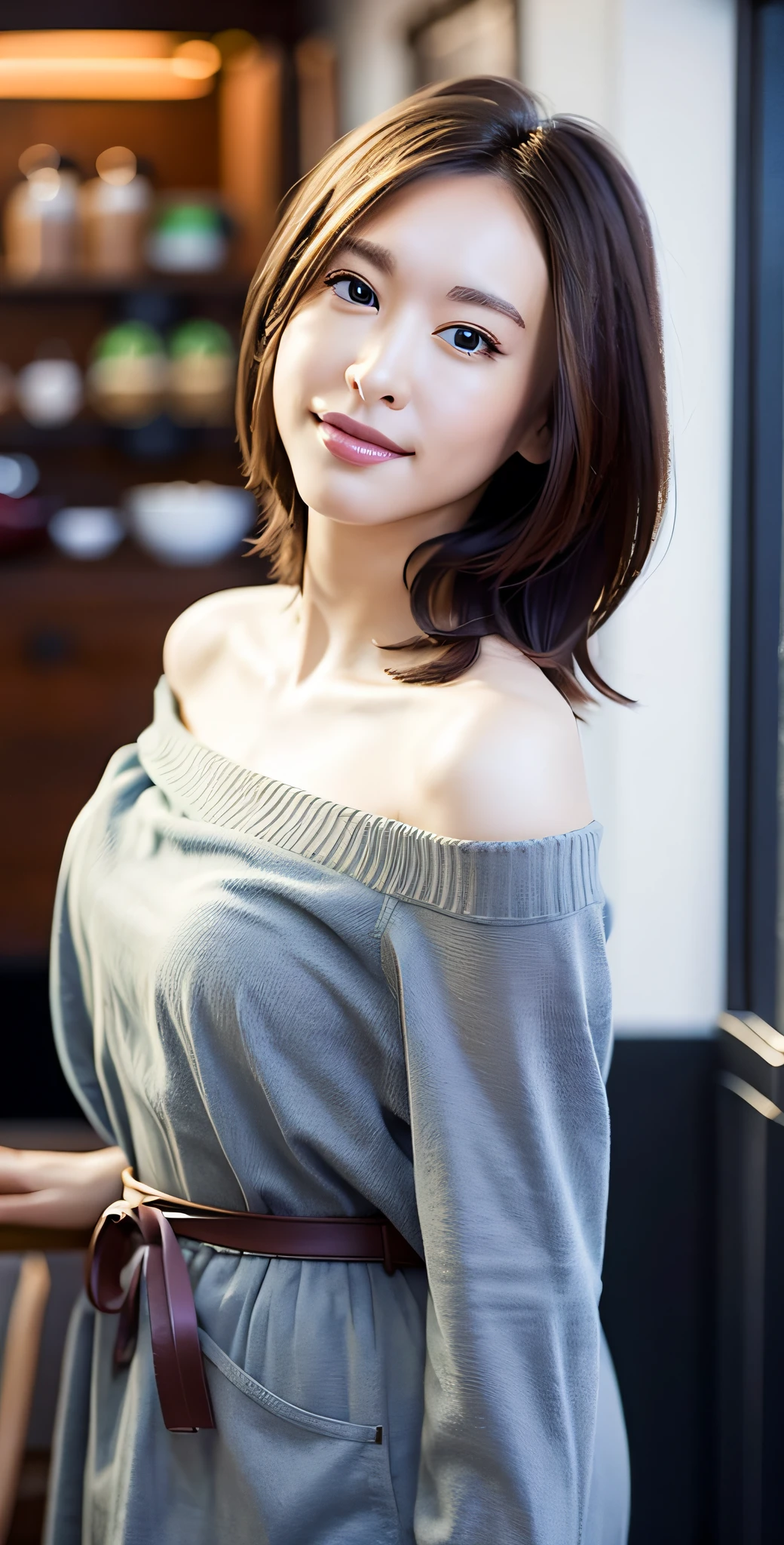 photorealistic, realistic, restaurant, dress, collarbone, short hair, off-shoulder, wave, capelette, capri pants, mid-chest, head tilt, standing, shine, photorealistic, highest quality, ultra high resolution, beautiful, masterpiece, highest quality, highly detailed face, perfect lighting, solo, (in one slim girl), highest quality, ultra high resolution, ultra detail, highest quality,