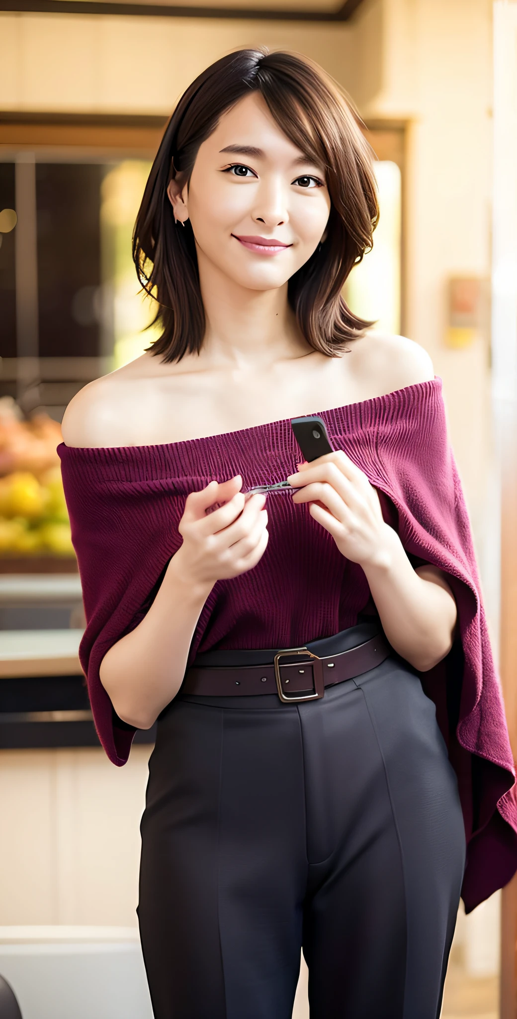 photorealistic, realistic, restaurant, dress, collarbone, short hair, off-shoulder, wave, capelette, capri pants, mid-chest, head tilt, standing, shine, photorealistic, highest quality, ultra high resolution, beautiful, masterpiece, highest quality, highly detailed face, perfect lighting, solo, (in one slim girl), highest quality, ultra high resolution, ultra detail, highest quality,