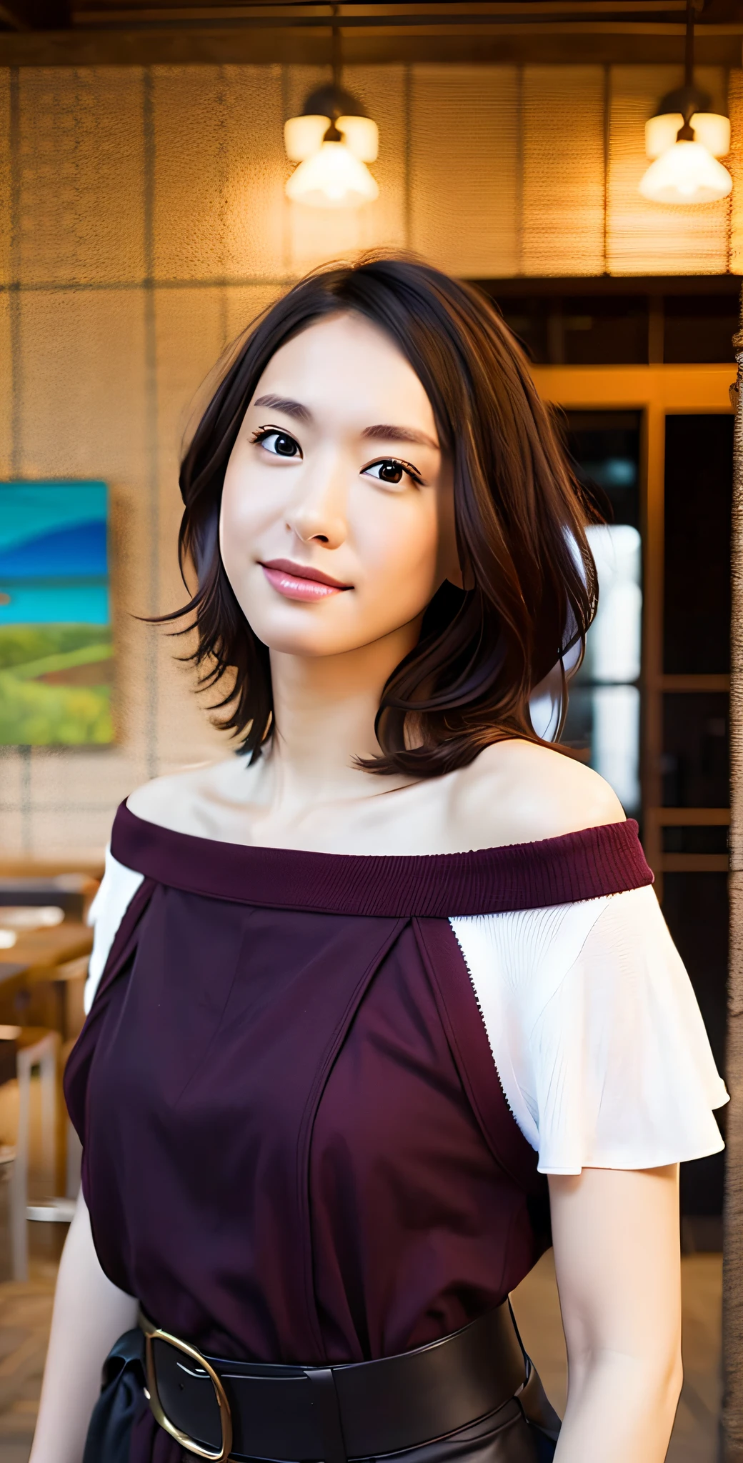 photorealistic, realistic, restaurant, dress, collarbone, short hair, off-shoulder, wave, capelette, capri pants, mid-chest, head tilt, standing, shine, photorealistic, highest quality, ultra high resolution, beautiful, masterpiece, highest quality, highly detailed face, perfect lighting, solo, (in one slim girl), highest quality, ultra high resolution, ultra detail, highest quality,