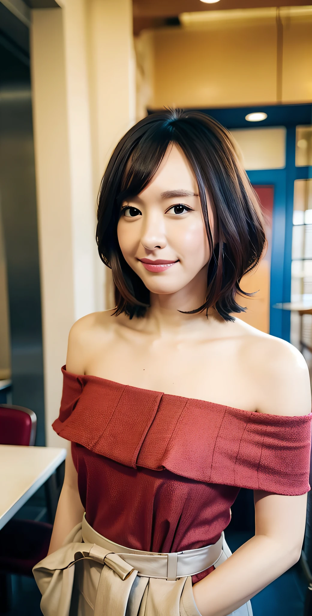 photorealistic, realistic, restaurant, dress, collarbone, short hair, off-shoulder, wave, capelette, capri pants, mid-chest, head tilt, standing, shine, photorealistic, highest quality, ultra high resolution, beautiful, masterpiece, highest quality, highly detailed face, perfect lighting, solo, (in one slim girl), highest quality, ultra high resolution, ultra detail, highest quality,