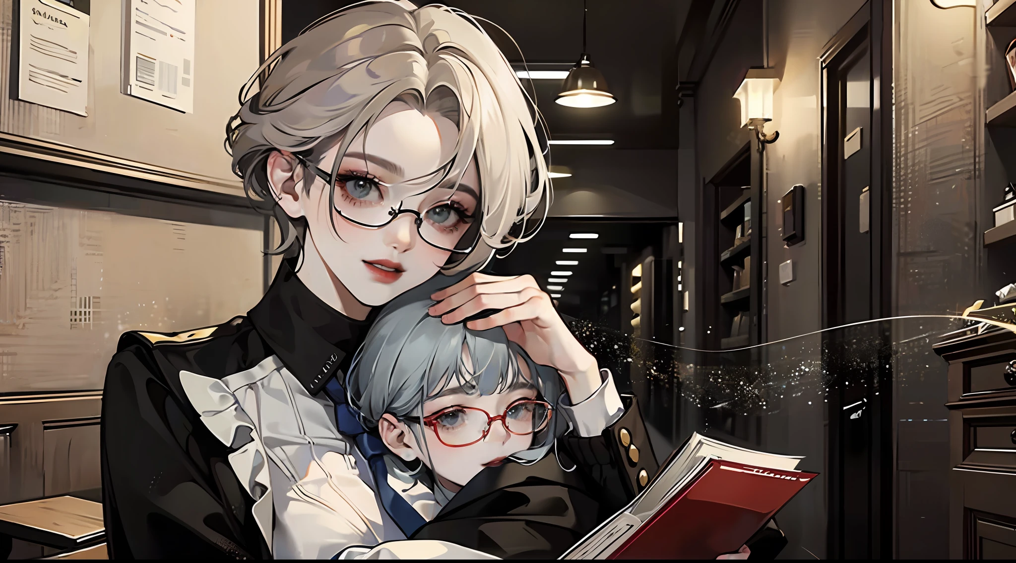 1 woman wearing glasses and 1 boy hugging face to face, ((rectangular rimless glasses)), upper body portrait, light coffee suit, professional woman, white shirt, hip skirt, tie, gray hair, low coiled hair on the back of the head, feminine curved side bangs, big breasts, red lips, 8k, gentle, happy smile, fine eyes, HDR, super high resolution, upper body portrait, evening, campus path, ( masterpiece, best quality: 1.2), panorama, cool white leather,