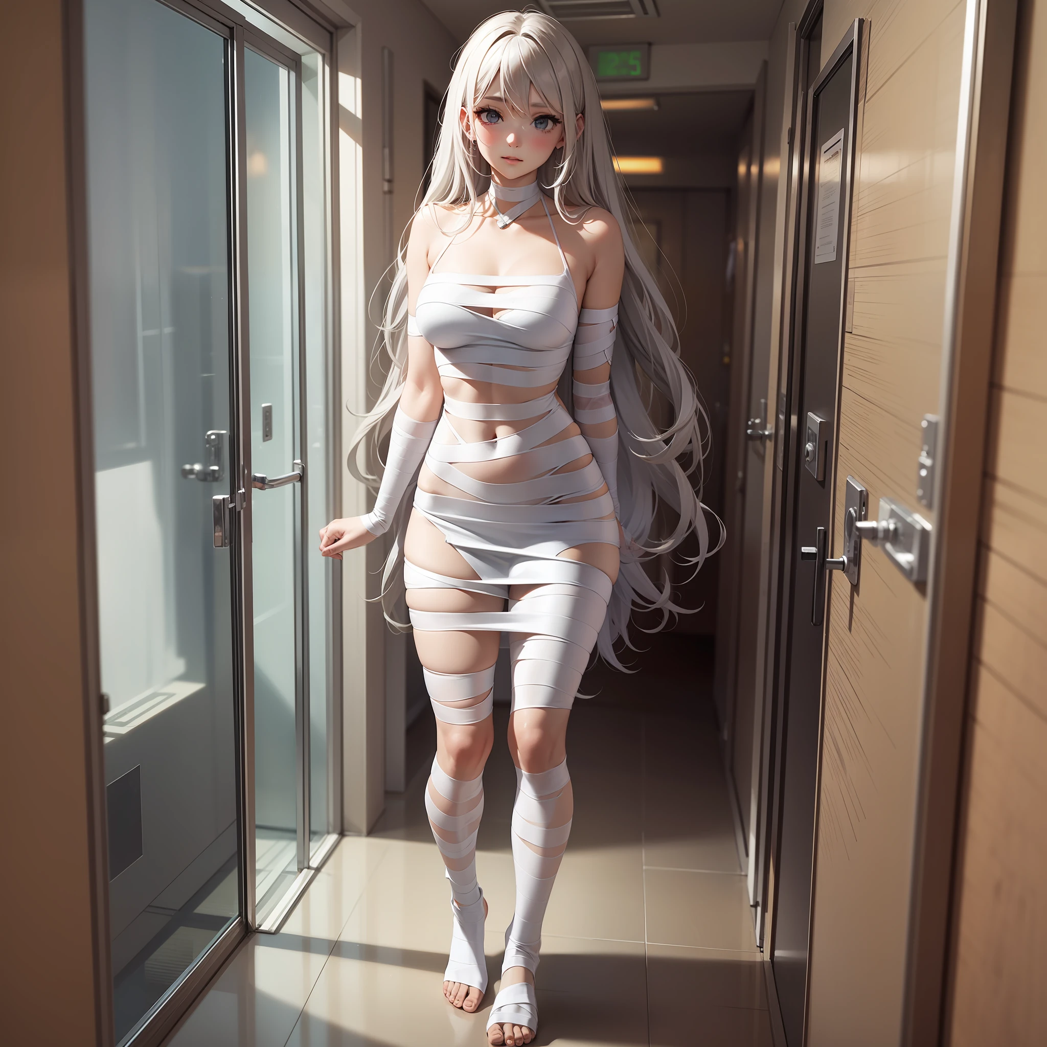 Halloween, full body bandage, beautiful hair, hospital room,