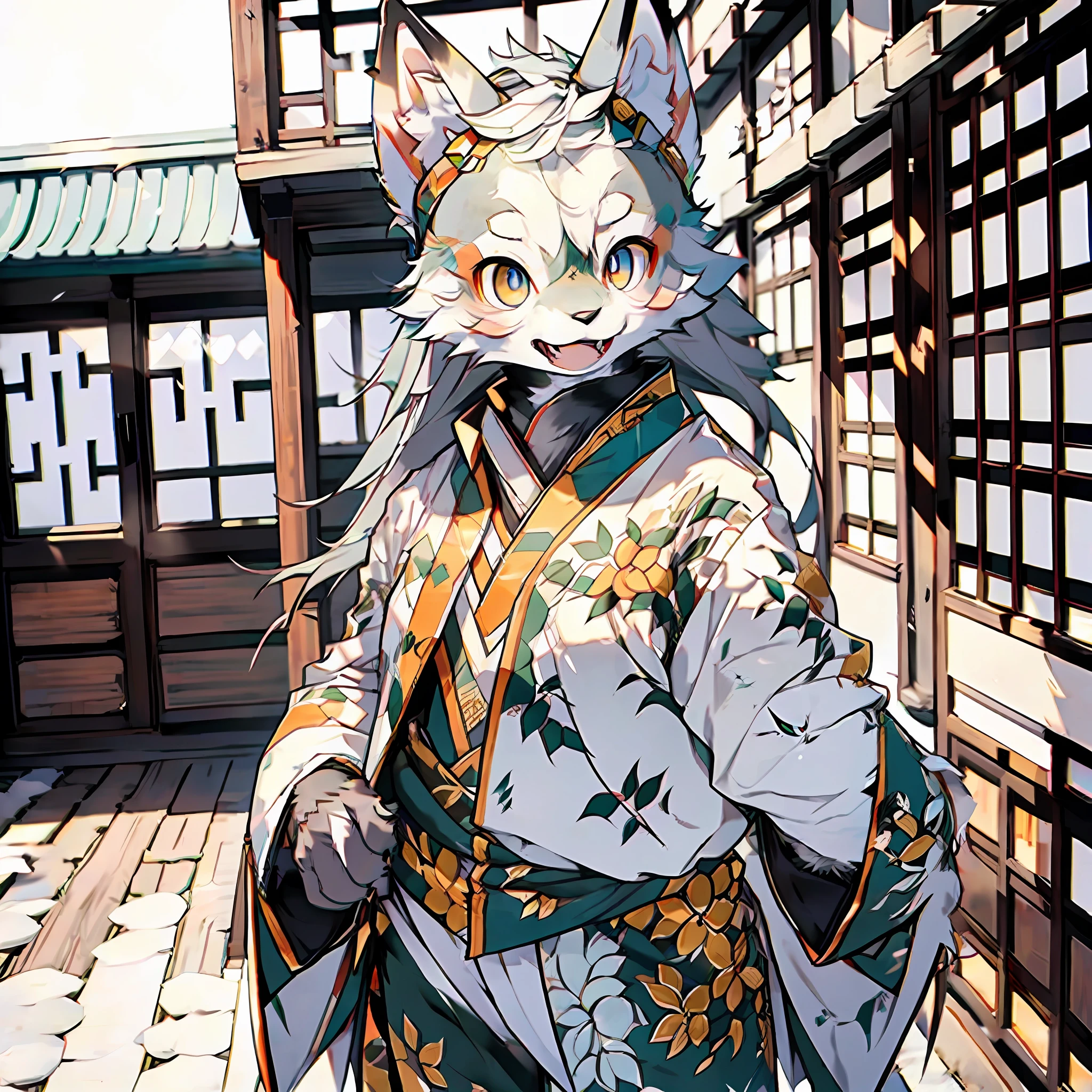 Masterpiece, high detail, super high quality, high resolution, 1080P, ((single)), furry, (female arctic fox: 1.5), (gray fur: 1.5), (gray skin: 1.5)), gray ears, (golden eyes: 1.5), (gray paws)), canine paws, detailed figures, (furry feeling of animal ears), sharp focus, standing in a Chinese style courtyard, wearing traditional Chinese robes, wearing traditional Chinese pants, light smile, natural lighting, detailed background with obvious lines