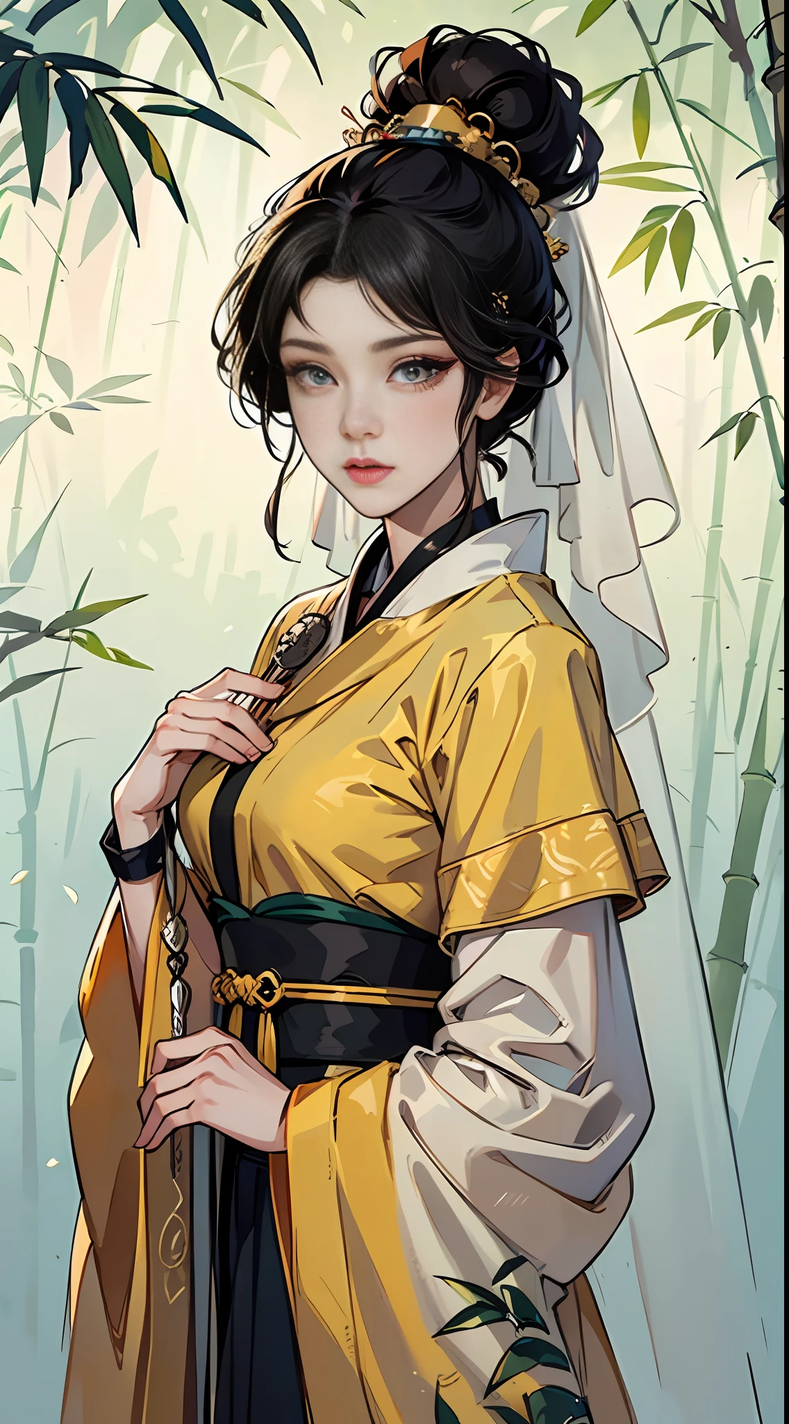 Woman in the Bamboo Forest (gorgeous costume), holding a fan, veil, parted bangs, ponytail, foam, elbow pad, black headband, pupil dilation, eyeball, amber eyes, panic, anime style, mixed, symmetrical, first-person perspective, 85mm, masterpiece, textured skin, high detail, best quality