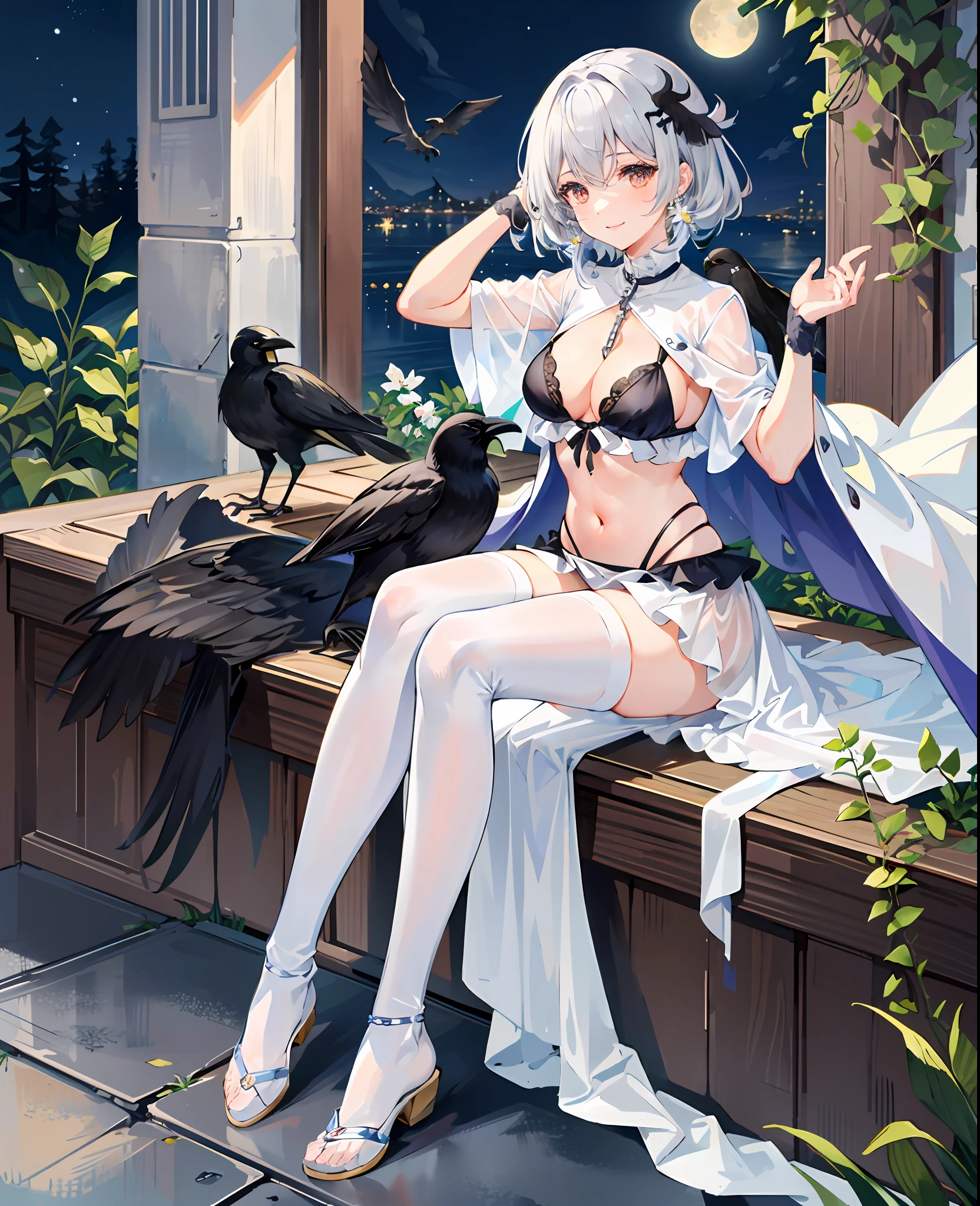 (masterpiece), (best quality), full body, simple background, sitting, 1girl, shiny hair, gray hair, feather hair ornament, white cape, (see-through), navel, smile, plant, flower, full_moon, detective theme, (black legwear), ((crow)), chains, ruins, 1gir, in flower, black_ Bikini, 1Girl in Flower, Navel, Best Quality, Ultra High Resolution, (Realisticity: 1.4), 1girl, NSFW, (Kpop idol), Looking at the Audience, Black Hair, White Dress, White Tights, Cleavageulzzang-6500: 0.8, Innocent, Smile