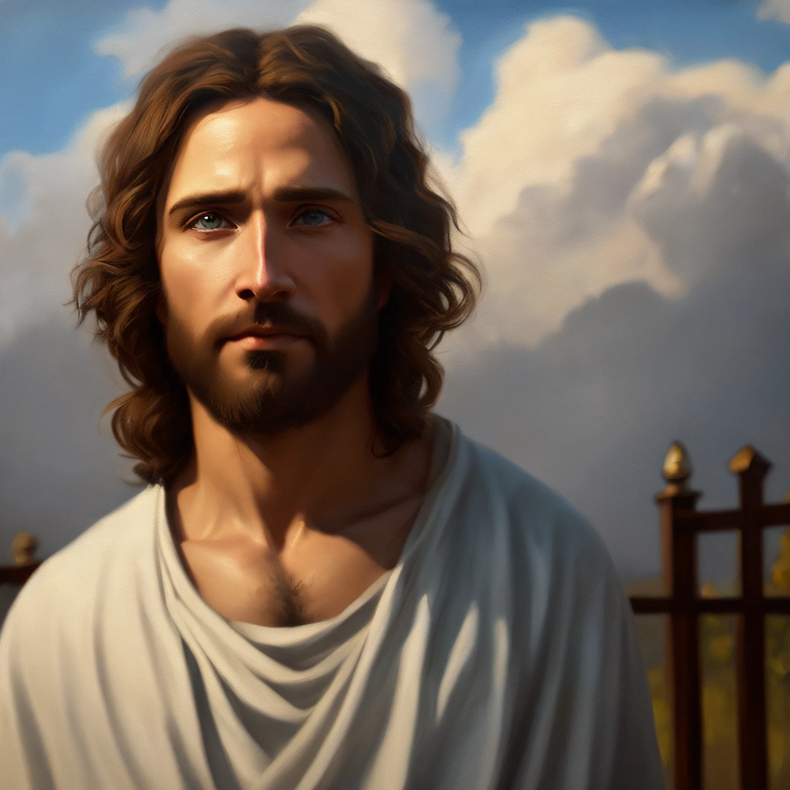 Concept art of Jesus Christ with white clothes in the clouds towards the gates of heaven, full body photo, wide photo, insanely realistic with with soft sunset lighting, with detailed skin with face muscles and skin with pores, 20 megapixels, Canon EOS R3, depth of field, soft lighting, masterpiece, best quality,  intricate, tone mapped, highly detailed, artstation, smooth, sharp focus, dramatic lighting, highly detailed art, cinematic, hyper realistic painting, trend in Artstation, 8K, amazing shadows, realistic, (highly detailed background: 1.0)
