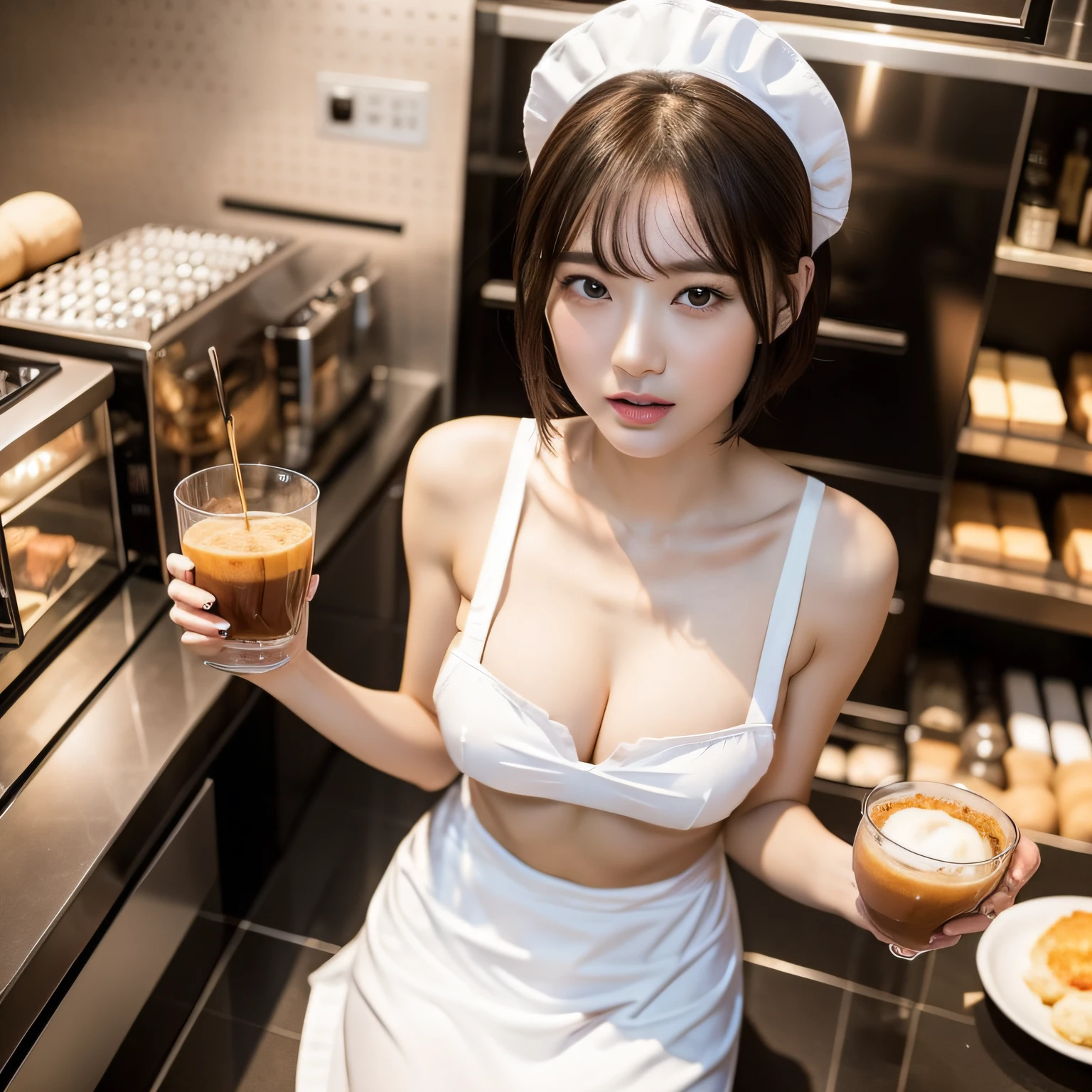 ((top quality, 8k, masterpiece: 1.3)), 1 beautiful Japan girls, beauties with slender abs: 1.3, (medium short hair, big: 1.2), (white naked apron: 1.3), ultra-detailed face, detailed eyes, double eyelids, café background, slouching, hands on knees, cleavage, shot from diagonally above,