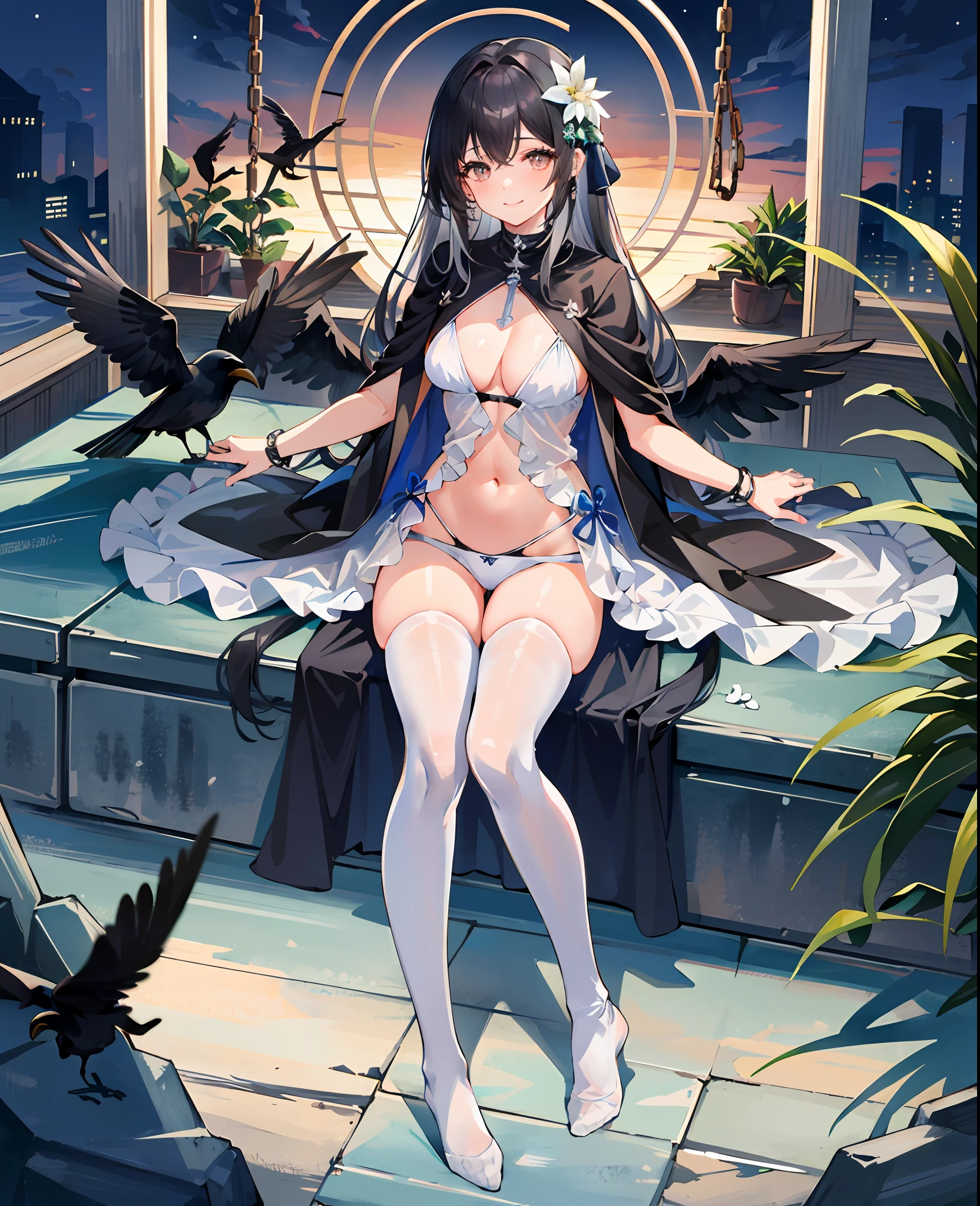 (masterpiece), (best quality), full body, simple background, sitting, 1girl, shiny hair, gray hair, feather hair ornament, white cape, (see-through), navel, smile, plant, flower, full_moon, detective theme, (black legwear), ((crow)), chains, ruins, 1gir, in flower, black_ Bikini, 1Girl in Flower, Navel, Best Quality, Ultra High Resolution, (Realisticity: 1.4), 1girl, NSFW, (Kpop idol), Looking at the Audience, Black Hair, White Dress, White Tights, Cleavageulzzang-6500: 0.8, Innocent, Smile