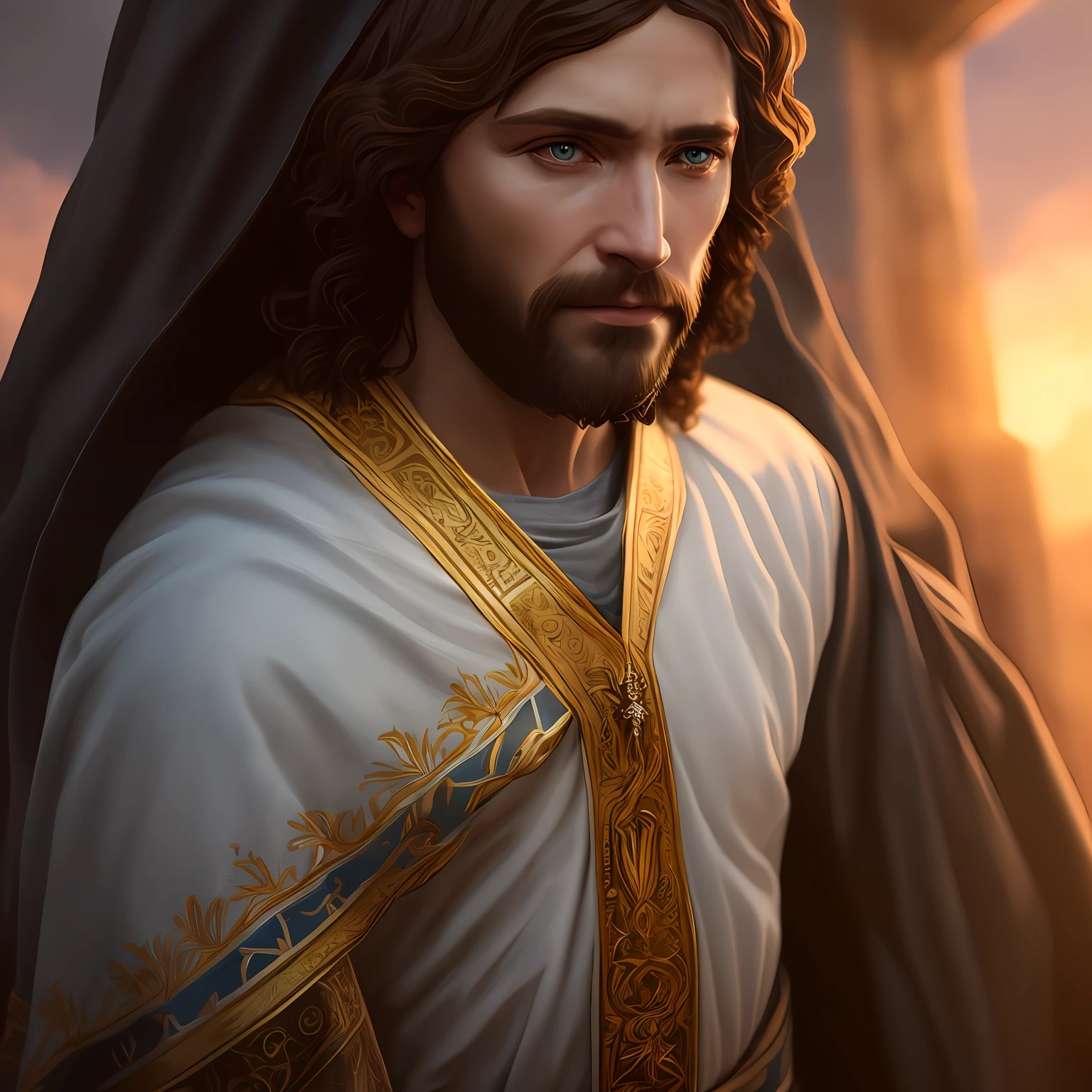 Concept art of Jesus Christ with white clothes in the clouds towards the gates of heaven, full body photo, wide photo, insanely realistic with with soft sunset lighting, with detailed skin with face muscles and skin with pores, 20 megapixels, Canon EOS R3, depth of field, soft lighting, masterpiece, best quality,  intricate, tone mapped, highly detailed, artstation, smooth, sharp focus, dramatic lighting, highly detailed art, cinematic, hyper realistic painting, trend in Artstation, 8K, amazing shadows, realistic, (highly detailed background: 1.0)
