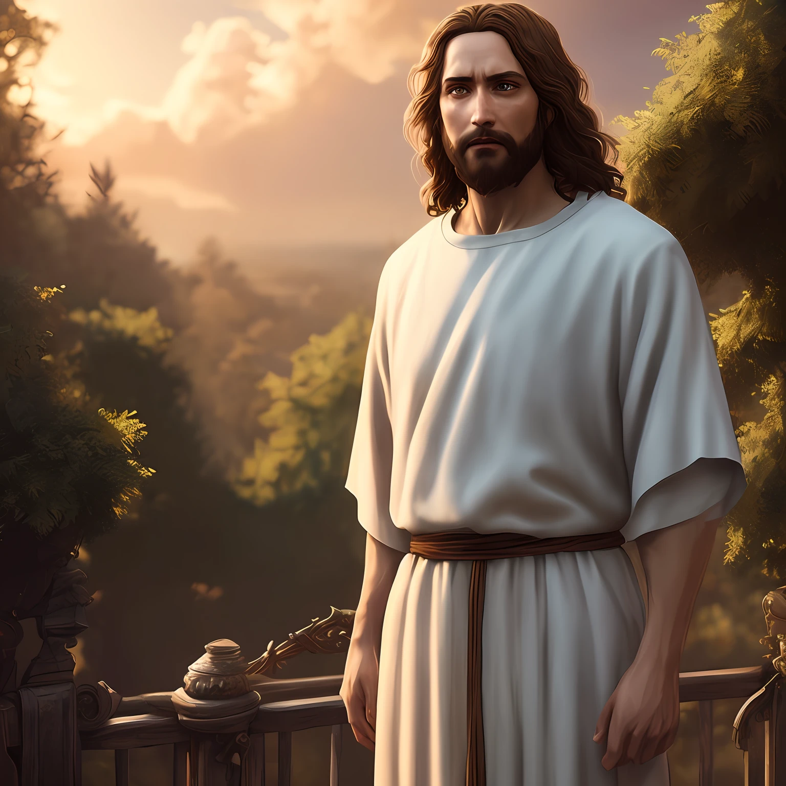 Concept art of Jesus Christ with white clothes in the clouds towards the gates of heaven, full body photo, wide photo, insanely realistic with with soft sunset lighting, with detailed skin with face muscles and skin with pores, 20 megapixels, Canon EOS R3, depth of field, soft lighting, masterpiece, best quality,  intricate, tone mapped, highly detailed, artstation, smooth, sharp focus, dramatic lighting, highly detailed art, cinematic, hyper realistic painting, trend in Artstation, 8K, amazing shadows, realistic, (highly detailed background: 1.0)