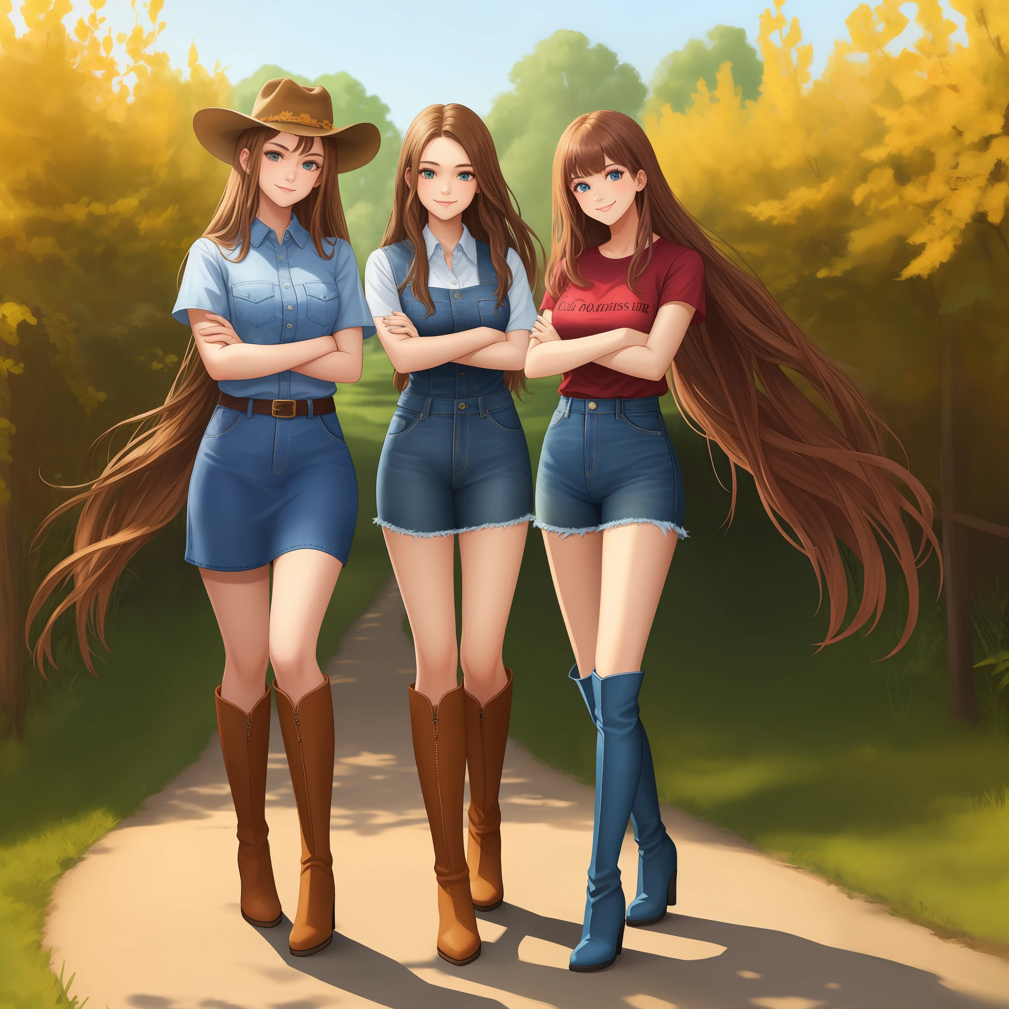 (masterpiece), large group, thousands of sisters, millions of sisters, rows of sisters, columns of sisters, sisters in background, sisters, smile, looking at viewer, country girls, crossed arms, low-tied long hair, cowboy hat, shirt, short sleeves, denim dress, full body, thigh high boots, high heeled boots, matching outfit, matching hairstyle, matching face, only girls, farm