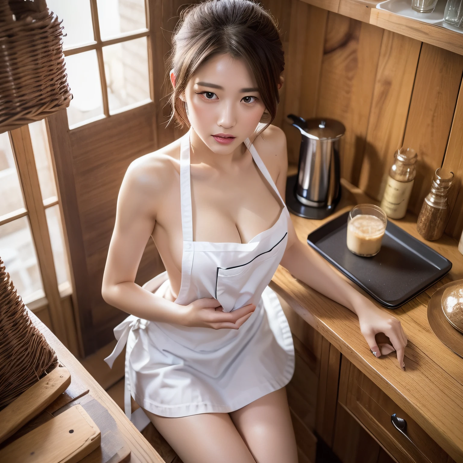 ((top quality, 8k, masterpiece: 1.3)), 1 beautiful Japan girls, beauties with slender abs: 1.3, (medium short hair, big: 1.2), (white naked apron: 1.3), ultra-detailed face, detailed eyes, double eyelids, café background, slouching, hands on knees, cleavage, shot from diagonally above,