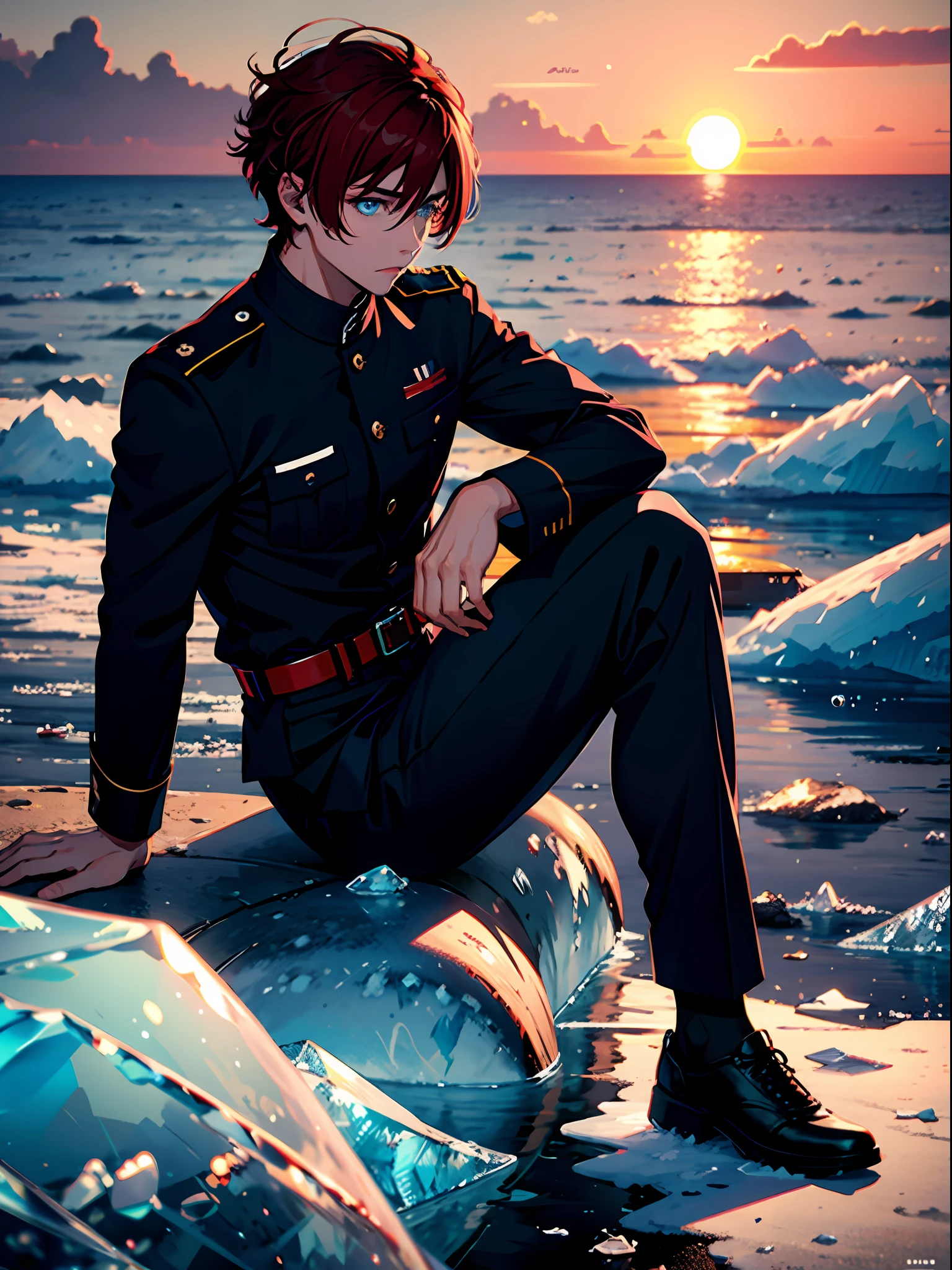 (best quality, masterpiece), 1 muscular man, leaning on the wall with his arms crossed, alone, (short bright red hair), (ice blue eyes, sharp look), (black military suit), (sunset sea background)