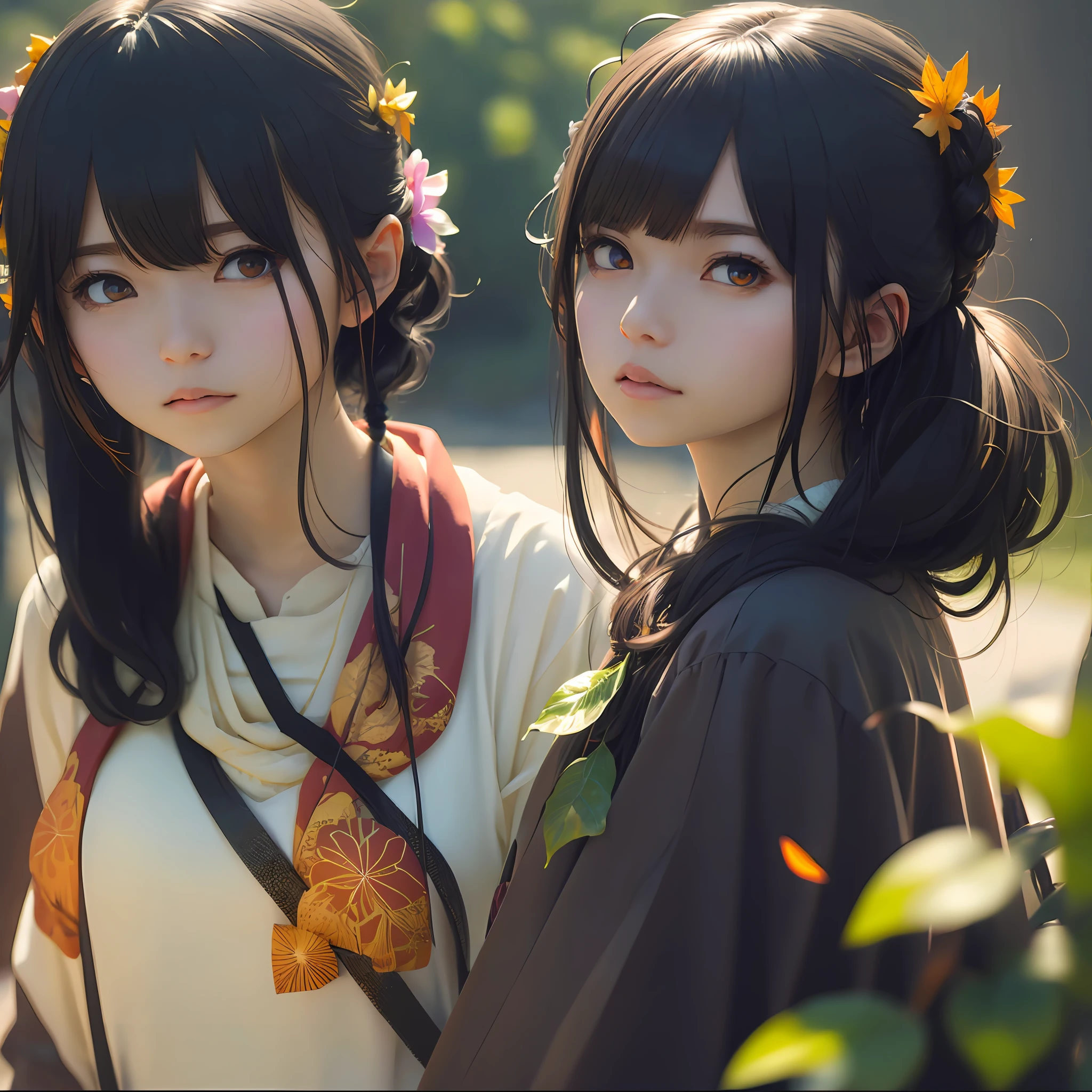 multi-tied hair, leaf hair ornament, full body, empty eyes, eye reflection, orange eyes, holding breath, black hair, colored inner hair, anime style, chromatic aberration, cinematic lighting, drop shadow, bloom, panorama, Nikon, f/1.2, 35mm, anatomically correct, super detail, award winning --auto