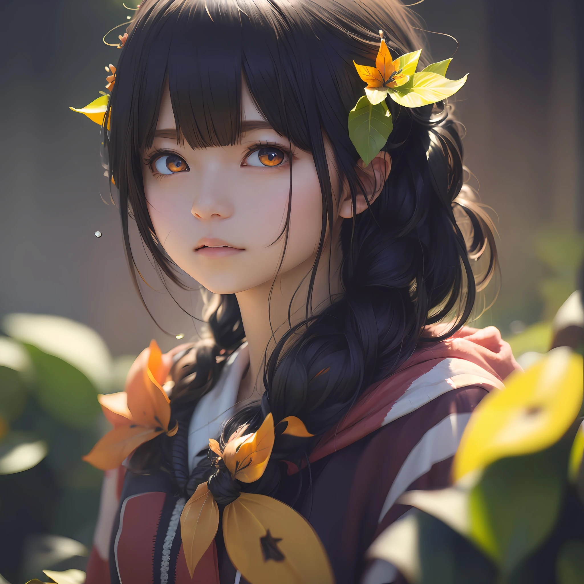 multi-tied hair, leaf hair ornament, full body, empty eyes, eye reflection, orange eyes, holding breath, black hair, colored inner hair, anime style, chromatic aberration, cinematic lighting, drop shadow, bloom, panorama, Nikon, f/1.2, 35mm, anatomically correct, super detail, award winning --auto