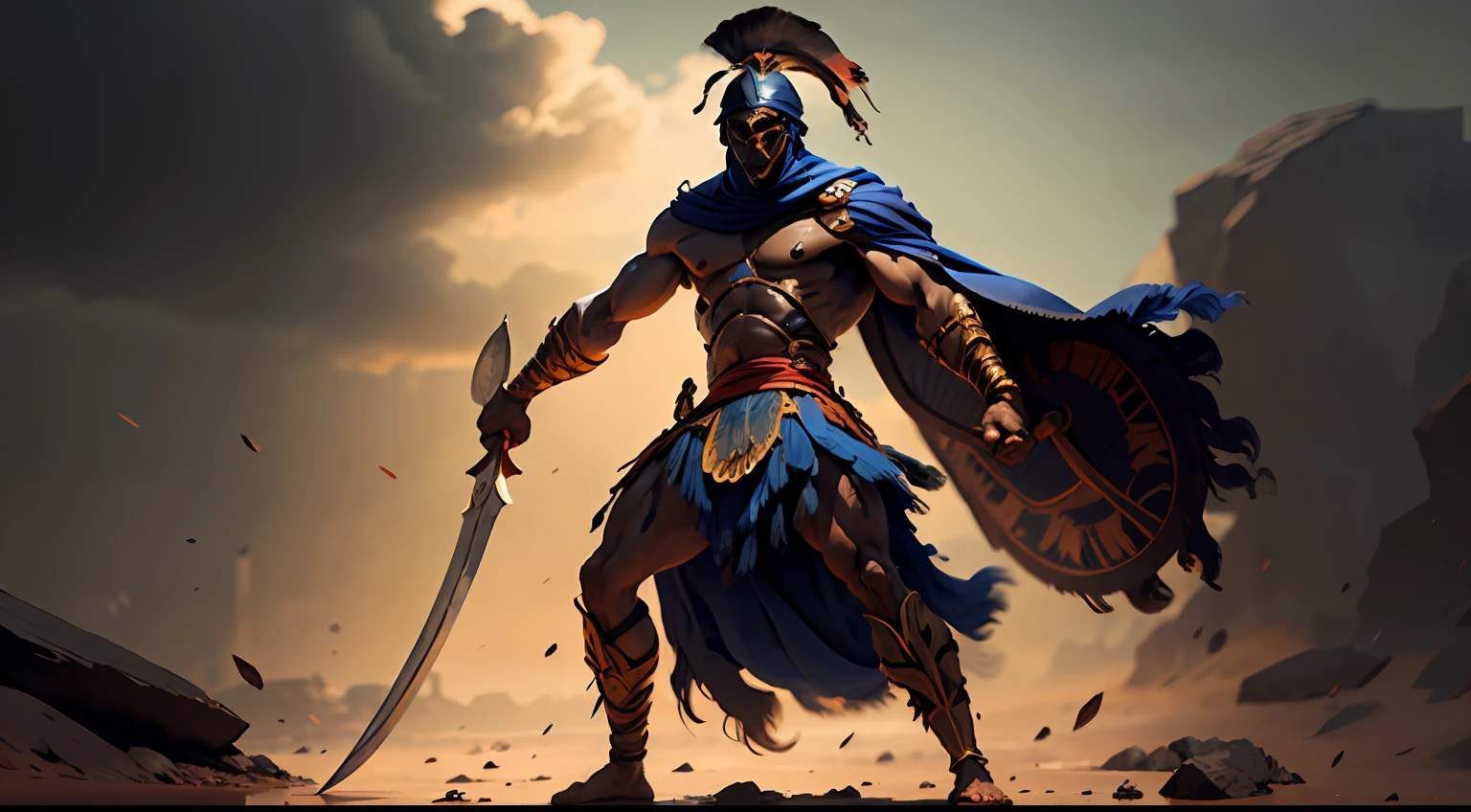 [black man]an African shaman, dark black skin, ritual magic, concentration,((shaman/gerreiro)), flowing blue veil covering the eyes, with blue dress, Yoruba sword and shield, full body, leather and straw details, in the style of sp4rt4