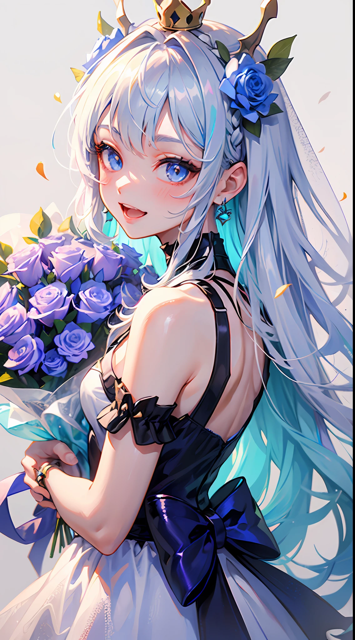 ( ✌:1.5) 1girl, flower, bouquet, white hair, blue flower, hair ornament, blue eyes, dress, solo, rose, smile, long hair, blue rose, holding bouquet, white dress, holding, looking at viewer, butterfly, open mouth, multicolored hair, bug, gradient hair, sleeveless, blush, crown, white background, very long hair, blue hair, :d, virtual youtuber, bangs, hair flower, bare shoulders, earrings, hairclip, jewelry, sleeveless dress, simple background, choker, veil, ribbon, mini crown ,torino aqua,ski style