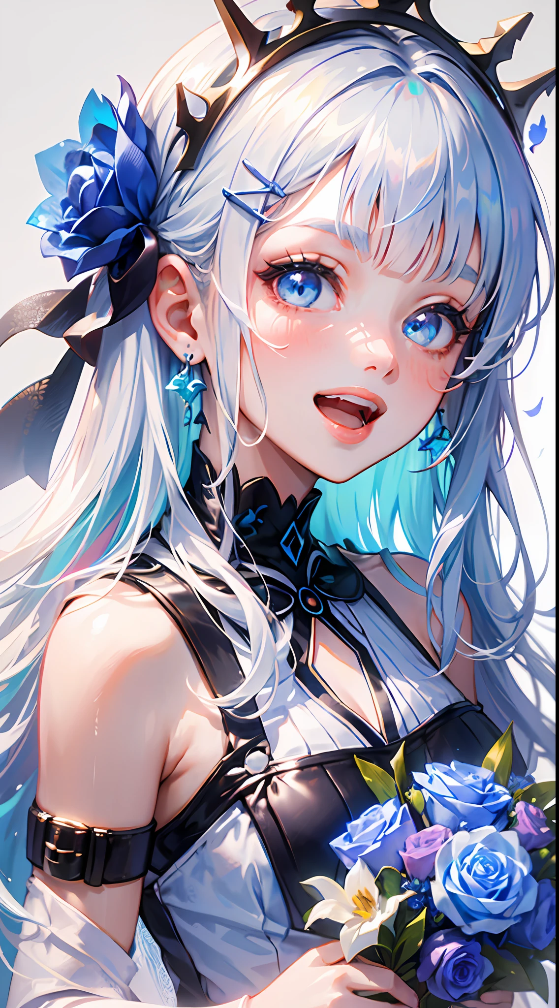 ( ✌:1.5) 1girl, flower, bouquet, white hair, blue flower, hair ornament, blue eyes, dress, solo, rose, smile, long hair, blue rose, holding bouquet, white dress, holding, looking at viewer, butterfly, open mouth, multicolored hair, bug, gradient hair, sleeveless, blush, crown, white background, very long hair, blue hair, :d, virtual youtuber, bangs, hair flower, bare shoulders, earrings, hairclip, jewelry, sleeveless dress, simple background, choker, veil, ribbon, mini crown ,torino aqua,ski style