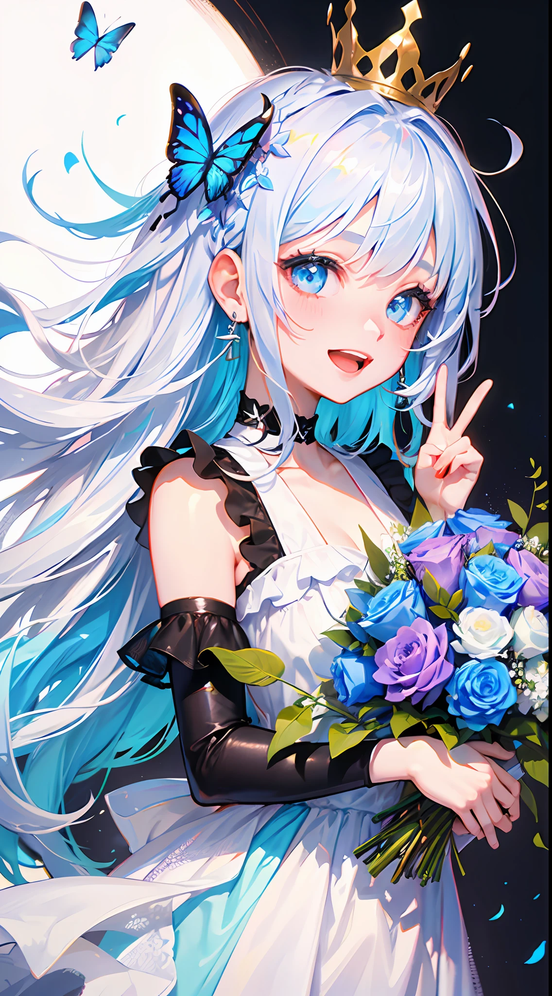 ( ✌:1.5) 1girl, flower, bouquet, white hair, blue flower, hair ornament, blue eyes, dress, solo, rose, smile, long hair, blue rose, holding bouquet, white dress, holding, looking at viewer, butterfly, open mouth, multicolored hair, bug, gradient hair, sleeveless, blush, crown, white background, very long hair, blue hair, :d, virtual youtuber, bangs, hair flower, bare shoulders, earrings, hairclip, jewelry, sleeveless dress, simple background, choker, veil, ribbon, mini crown ,torino aqua,ski style