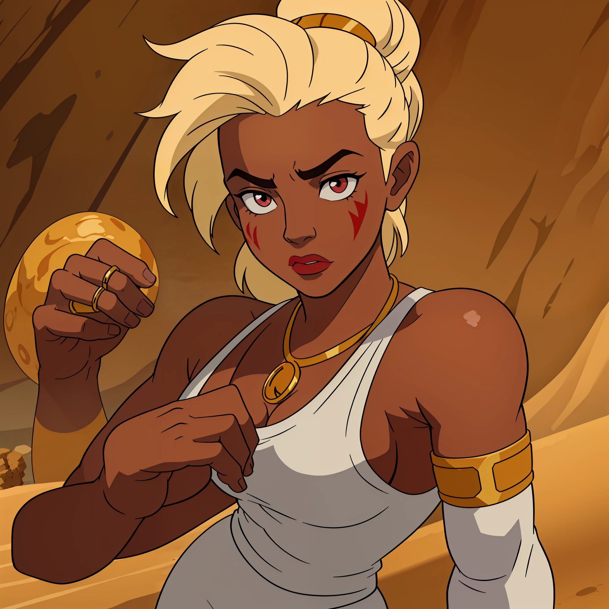 Sandbender Strong Female mohawk hair, crimson eyes, necklace with a ring, muay Thai posture, beautiful muscles, a burn mark on the left forearm, in his early 20s, some sand around the hand, medium tanned skin, focused trained eyes, with details in red and white and gold, large pants.