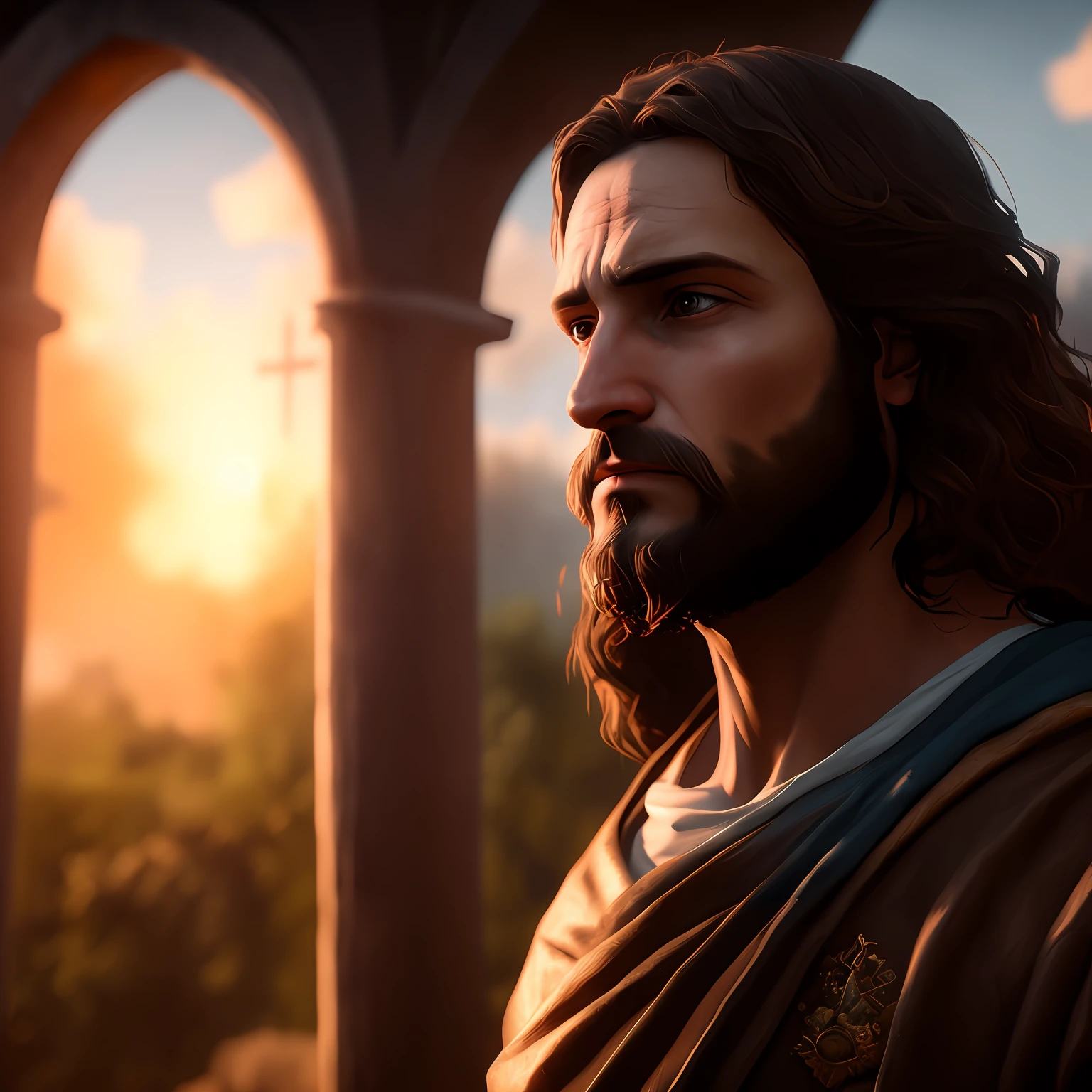 Concept art of Jesus Christ with white clothes in the clouds towards the gates of heaven, full body photo, wide photo, insanely realistic with with soft sunset lighting, with detailed skin with face muscles and skin with pores, 20 megapixels, Canon EOS R3, depth of field, soft lighting, masterpiece, best quality, intricate, tone mapped, highly detailed, artstation, smooth, sharp focus, dramatic lighting, highly detailed art, cinematic, hyper realistic painting, trend in Artstation, 8K, amazing shadows, realistic, (highly detailed background: 1.0)