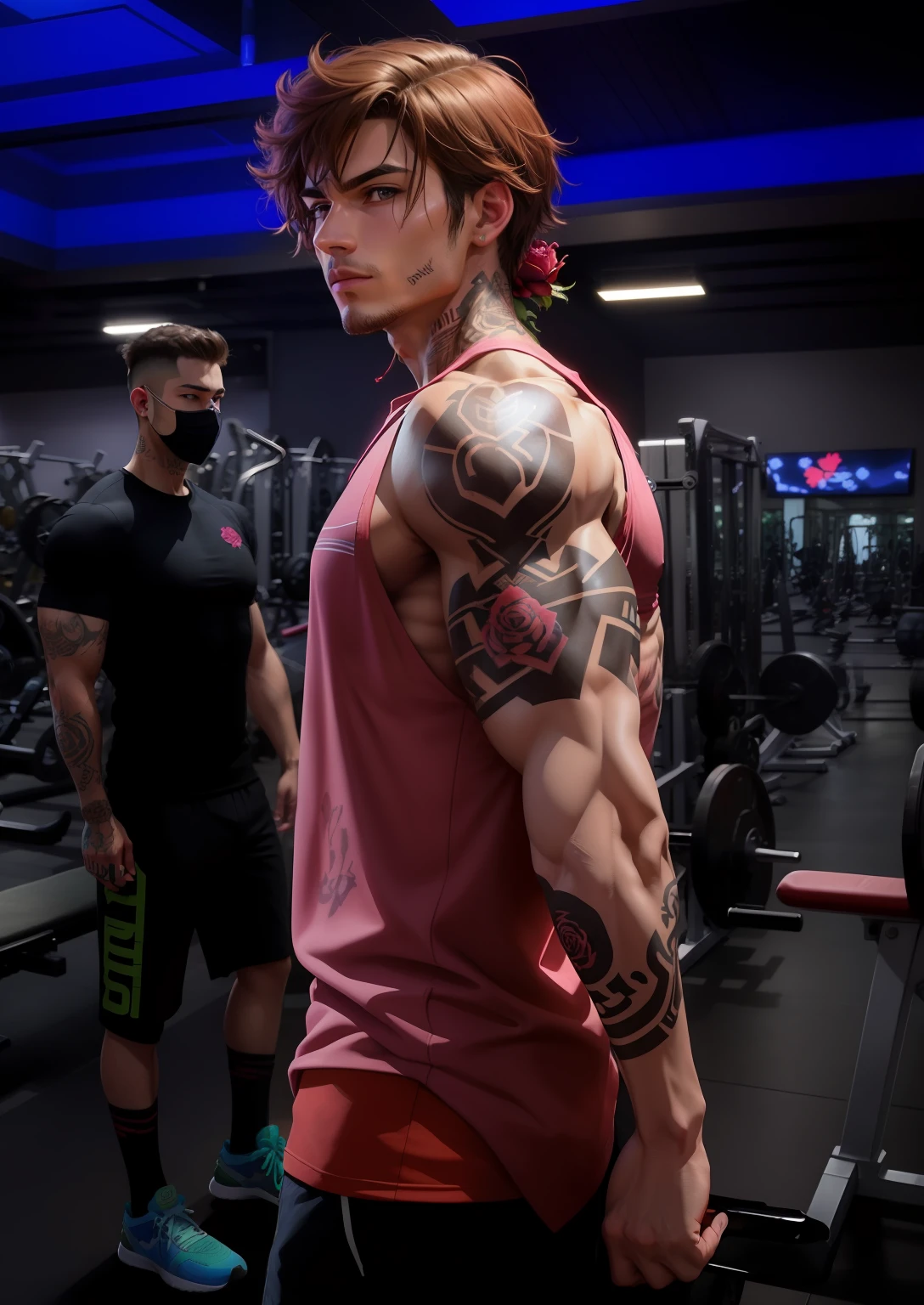 tattoo on the whole arm, improve the face, more masculine features, hawaiian tribal tattoo, high tech, , the cute, strong arm, pink shirt, anime, strong arm, gym, smooth shirt, tattoo of a rose on the neck,