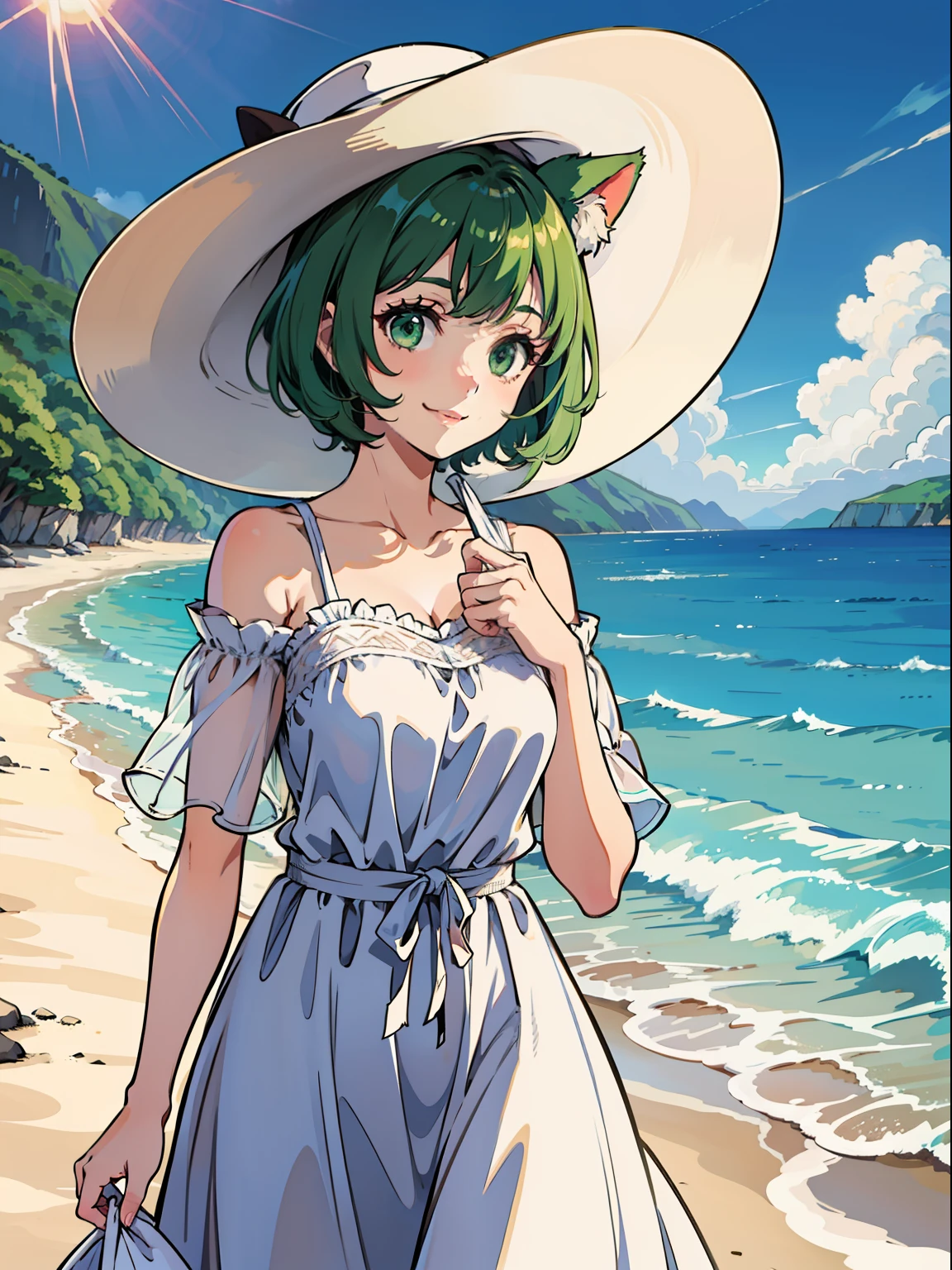 Smiling cat girl (short green bobbed hair, green eyes) holding white wide-brimmed hat in her hands, white dress, walking on the beach, blue sky, white big clouds, sunshine