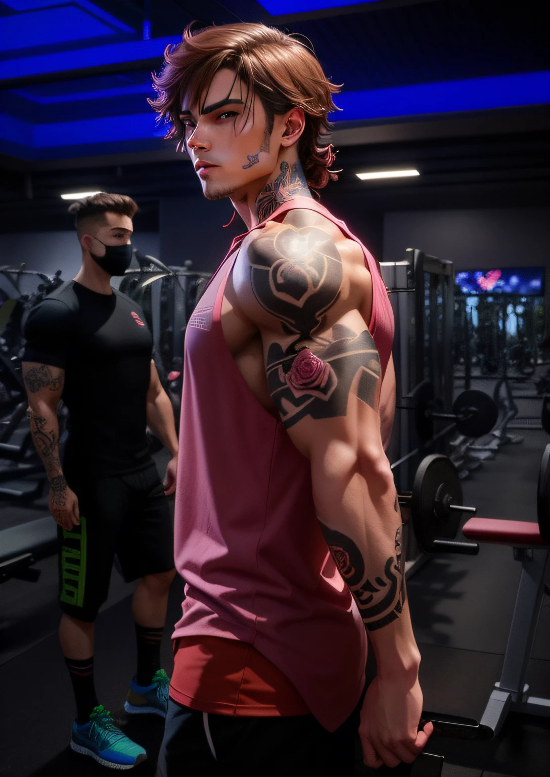 tattoo on the whole arm, improve the face, more masculine features, hawaiian tribal tattoo, high tech, , the cute, strong arm, pink shirt, anime, strong arm, gym, smooth shirt, tattoo of a rose on the neck,