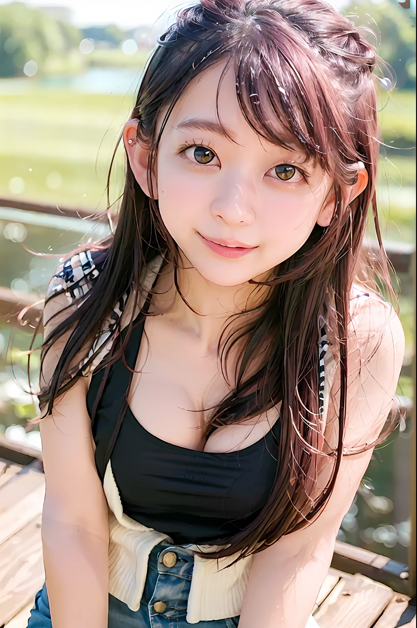 japanese, azusa, (skin blemish:1), black eye, 1woman, 25yo, (((woman))), solo, realistic, best quality, photorealistic, masterpiece, 8k, high res, solo, extremely detailed face, (professional lighting, bokeh), (light particles, lens flare, glowing particles:0.6), (dynamic pose:1.2), soft lighting, top angle view, fashionable and trendy atmosphere, japan, street, park, river, ((daytime)), ((looking at the viewer)), (looking at the camera),(portrait:0.6), cowboy shot, gorgeous, standing, keep original facial proportion, wide shoulder, full body, (medium breast), (medium hair), brown hair, floating hair, lips, lipstick, seductive smile, floating hair, smile, (tshirt), (short jeans),