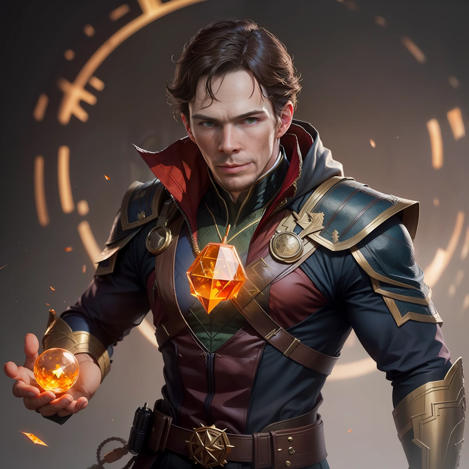 Araffe man in a wizard costume just like Doctor Strange, holding an orange-colored, amber crystal in his hands, Artgerm Benedict Cumberbatch as Dr. Strange, 8K, CGSetivity Masterpiece, Wojtek Fus, Artgerm and WLOP, 8K Stunning Artwork, Extremely detailed ArtGerm, Artgerm and Atey Ghailan