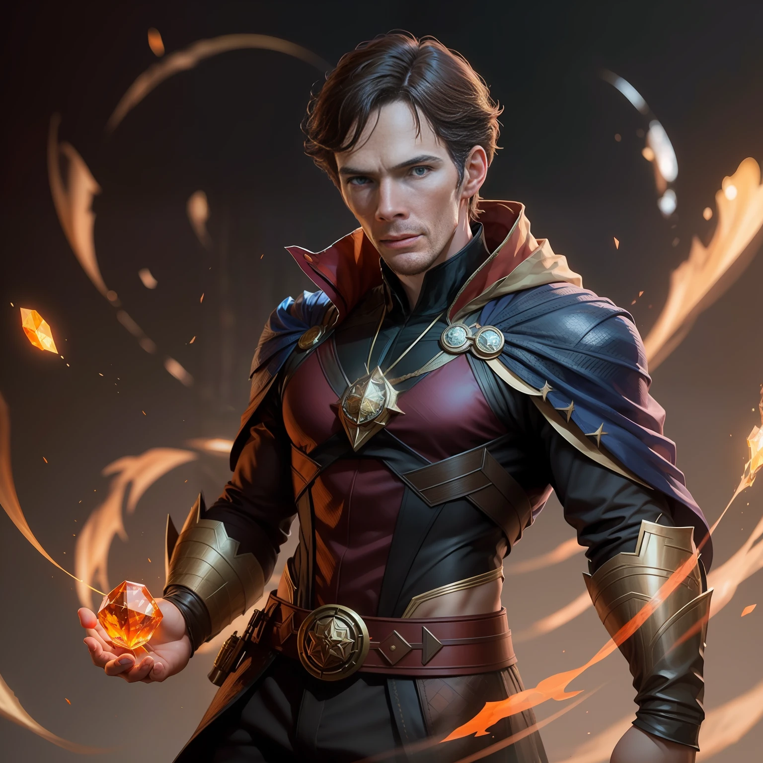 Araffe man in a wizard costume just like Doctor Strange, holding an orange-colored, amber crystal in his hands, Artgerm Benedict Cumberbatch as Dr. Strange, 8K, CGSetivity Masterpiece, Wojtek Fus, Artgerm and WLOP, 8K Stunning Artwork, Extremely detailed ArtGerm, Artgerm and Atey Ghailan