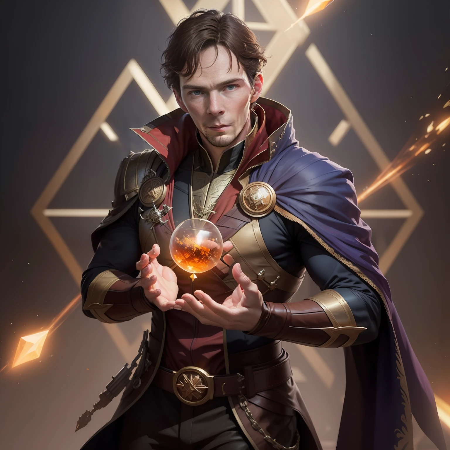 Araffe man in a wizard costume just like Doctor Strange, holding an orange-colored, amber crystal in his hands, Artgerm Benedict Cumberbatch as Dr. Strange, 8K, CGSetivity Masterpiece, Wojtek Fus, Artgerm and WLOP, 8K Stunning Artwork, Extremely detailed ArtGerm, Artgerm and Atey Ghailan