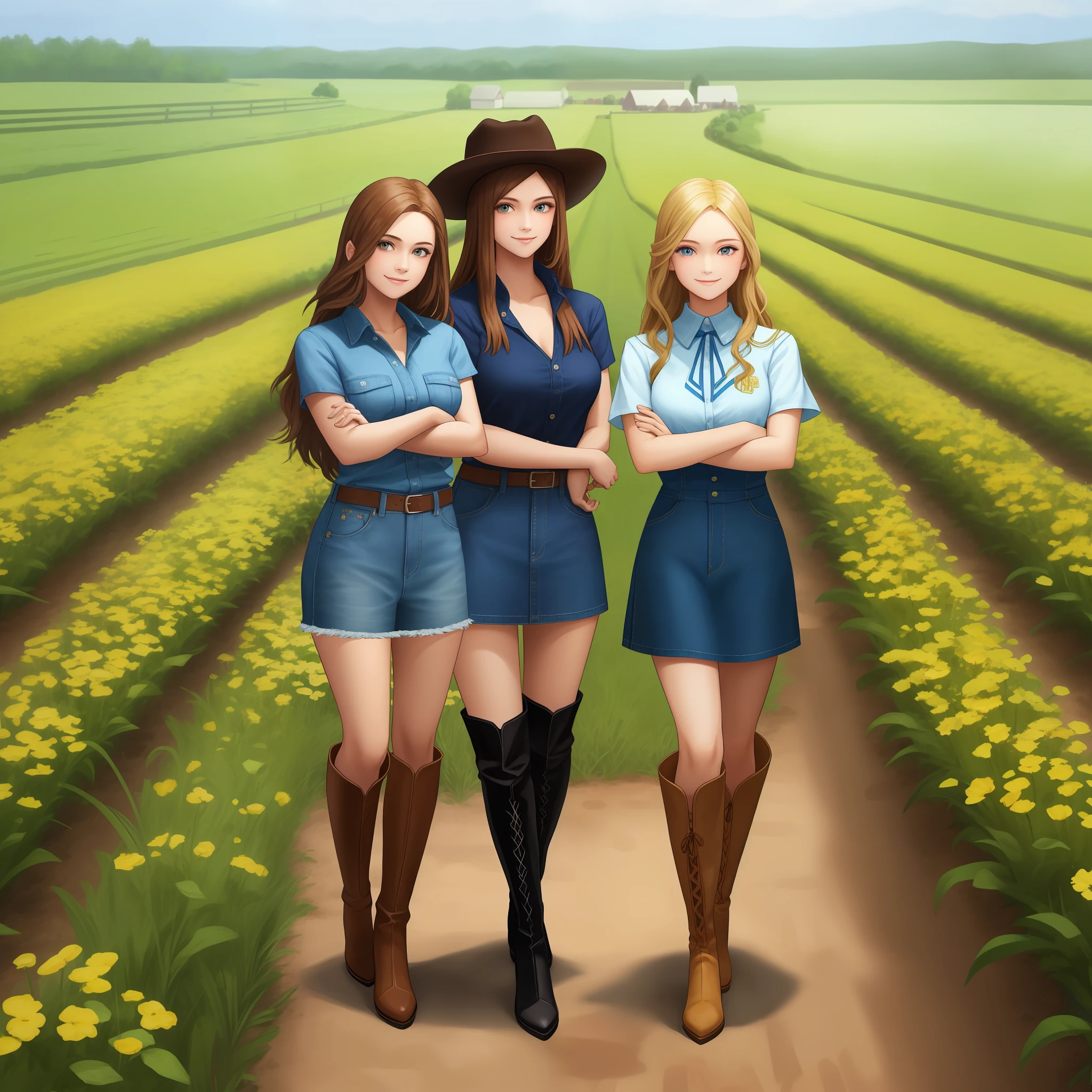 (masterpiece), large group, thousands of sisters, millions of sisters, rows of sisters, columns of sisters, sisters in background, sisters, smile, looking at viewer, country girls, crossed arms, low-tied long hair, cowboy hat, shirt, short sleeves, denim dress, full body, thigh high boots, high heeled boots, only girls, farm