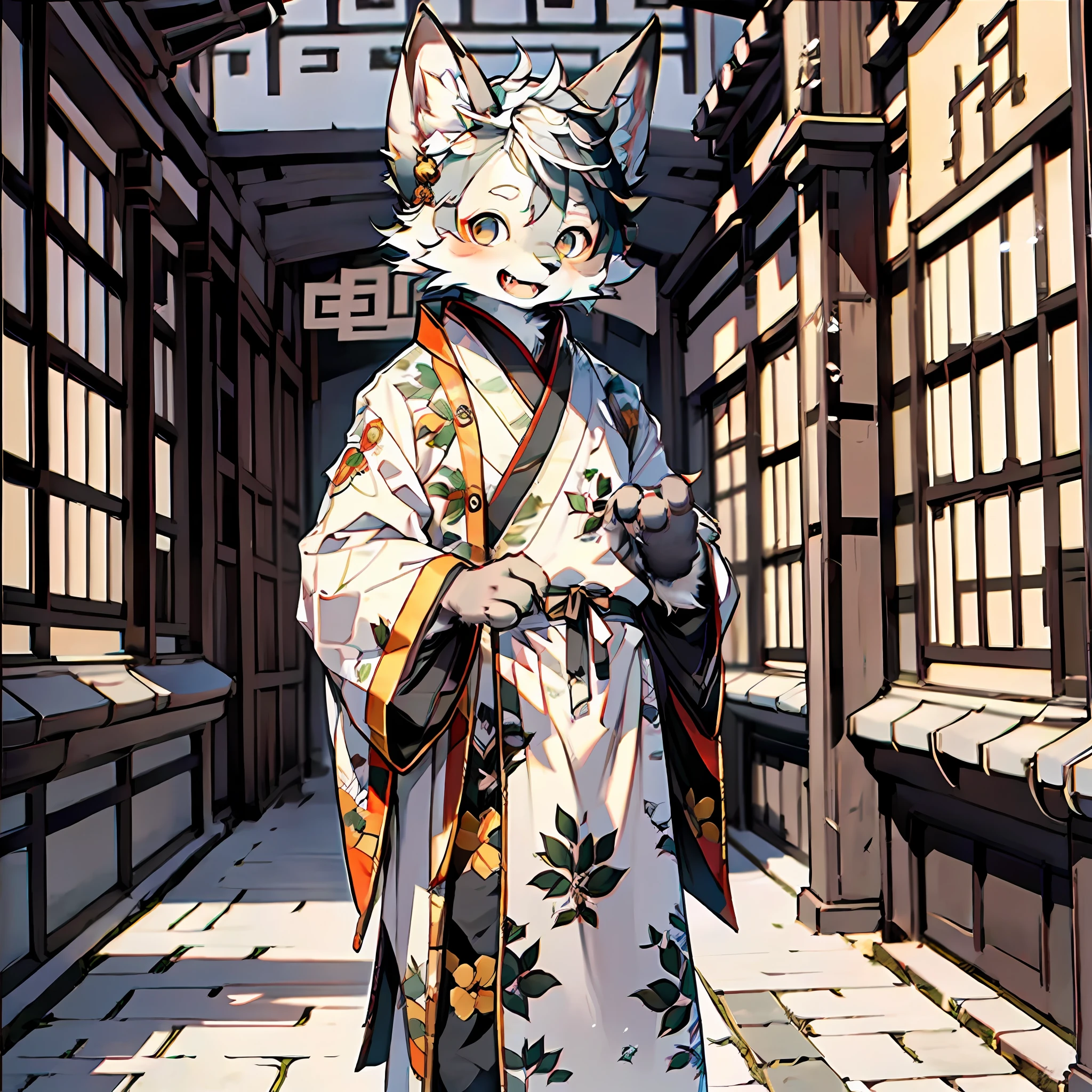 Masterpiece, high detail, super high quality, high resolution, 1080P, ((single)), furry, (female arctic fox: 1.5), (gray fur: 1.5), (gray skin: 1.5)), gray ears, (golden eyes: 1.5), (gray paws)), canine paws, detailed figures, (furry feeling of animal ears), sharp focus, standing in a Chinese style courtyard, wearing traditional Chinese robes, wearing traditional Chinese pants, light smile, natural lighting, detailed background with obvious lines