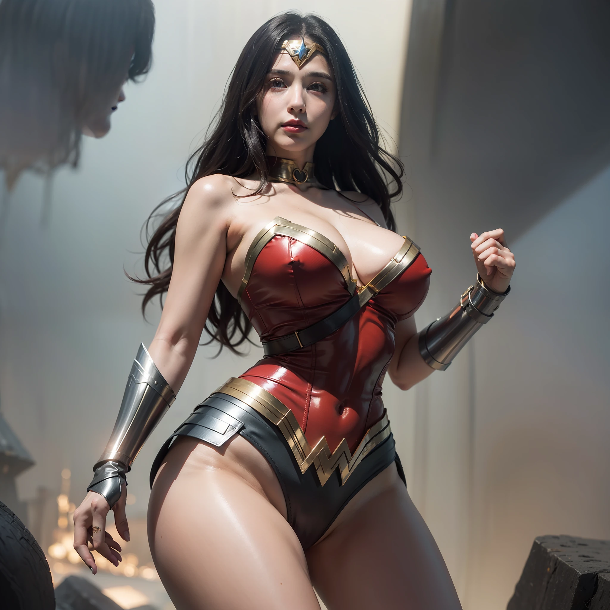 Middle East girl, glgadot, gal gadot, big breast, big boobs, round boobs, gigantic boobs, busty, voluptuous body, long legs, best body proportion, show cleavage, major cleavage, show major cleavage, show legs, show major legs, show full legs, cosplay wonder woman, mini wonder woman costune, string wonder woman costume,  no underwear, no undies, no under garments,, naked, full body shot, haze effect, golden light, ancient Greek background, burning war background, , ember spark, , black hair, long hair, makeup, focused expression, slightly smile, Hyperrealism, cinematic lighting, depth of field, ray tracing, reflection light, backlighting, bokeh, f/1.2, 135mm, Canon, UHD, masterpiece, anatomically correct, super detail, high details, high quality, award winning, best quality, highres, 8k