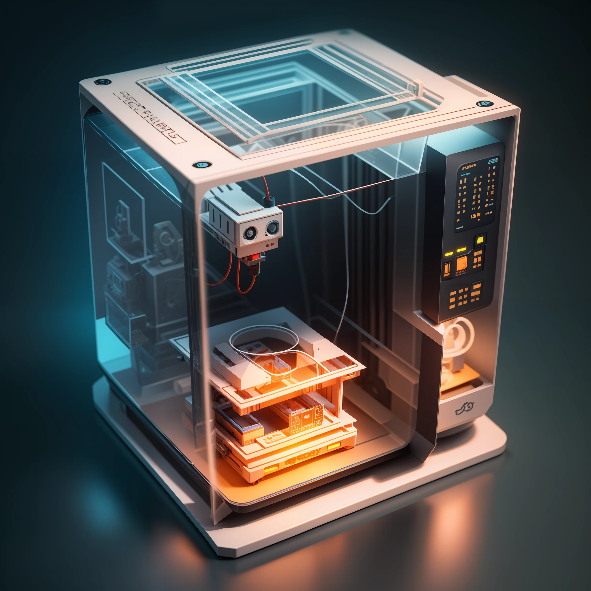 "Small and cute isometric small world 3D printer, soft light, 3D icon clay rendering, blender 3D, futuristic theme, physical photo rendering, printer machine, futuristic theme."