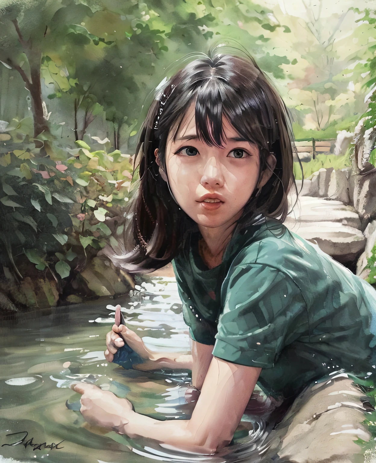 Anime girl in pond with lotus, Guvez style artwork, cute digital painting, guvez, cute detailed digital art, Loepfe art, digital anime illustration, beautiful anime artwork, trending in CGSTATION, anime pictures, anime style illustration, anime style 4 K, anime illustration, cute art style, Loepfe art style, arm hand details in refinement