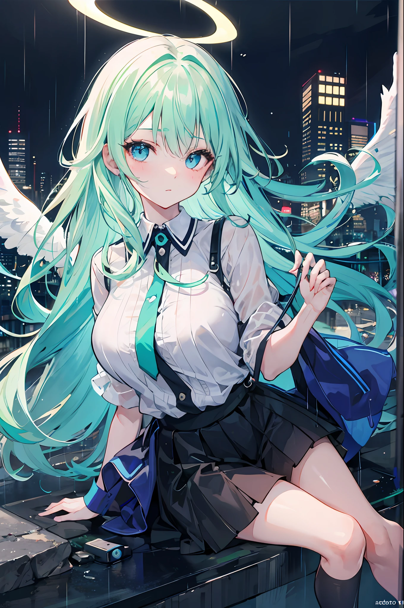 1 girl, night city, rain, angel, mint green hair, blue eyes, fair skin, big