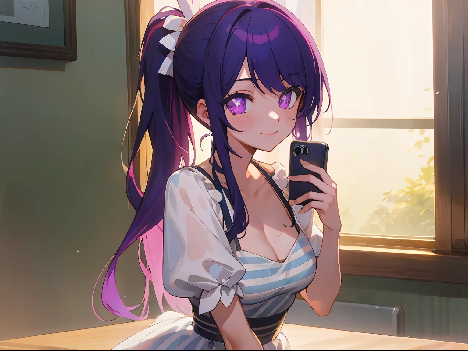(Best Quality: 1.4, Masterpiece, 4k, Detail), Ai Hoshino, Long Hair, Purple Hair, Striped Hair, Side Ponytail, Beautiful Detailed Eyes, Purple Eyes, Hair Ornament, Smile, Cafe, Dress, Mini Dress, Cleavage, Glowing Eyes, Shine Effect, Holding a Smartphone in Hand, Innocent Expression
